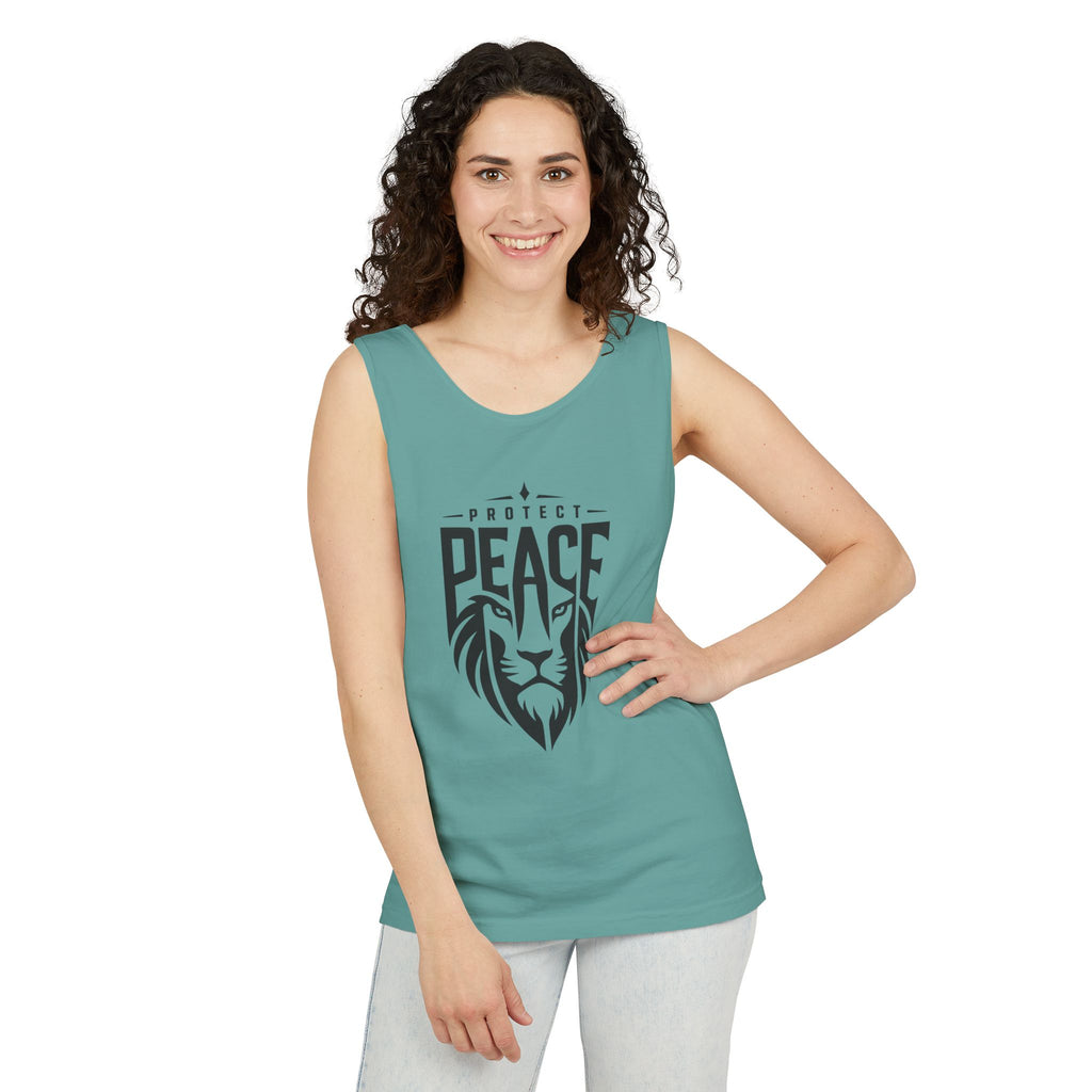 Protect Peace Lion Tank Top — Graphic Lion Shield Spiritual Tee