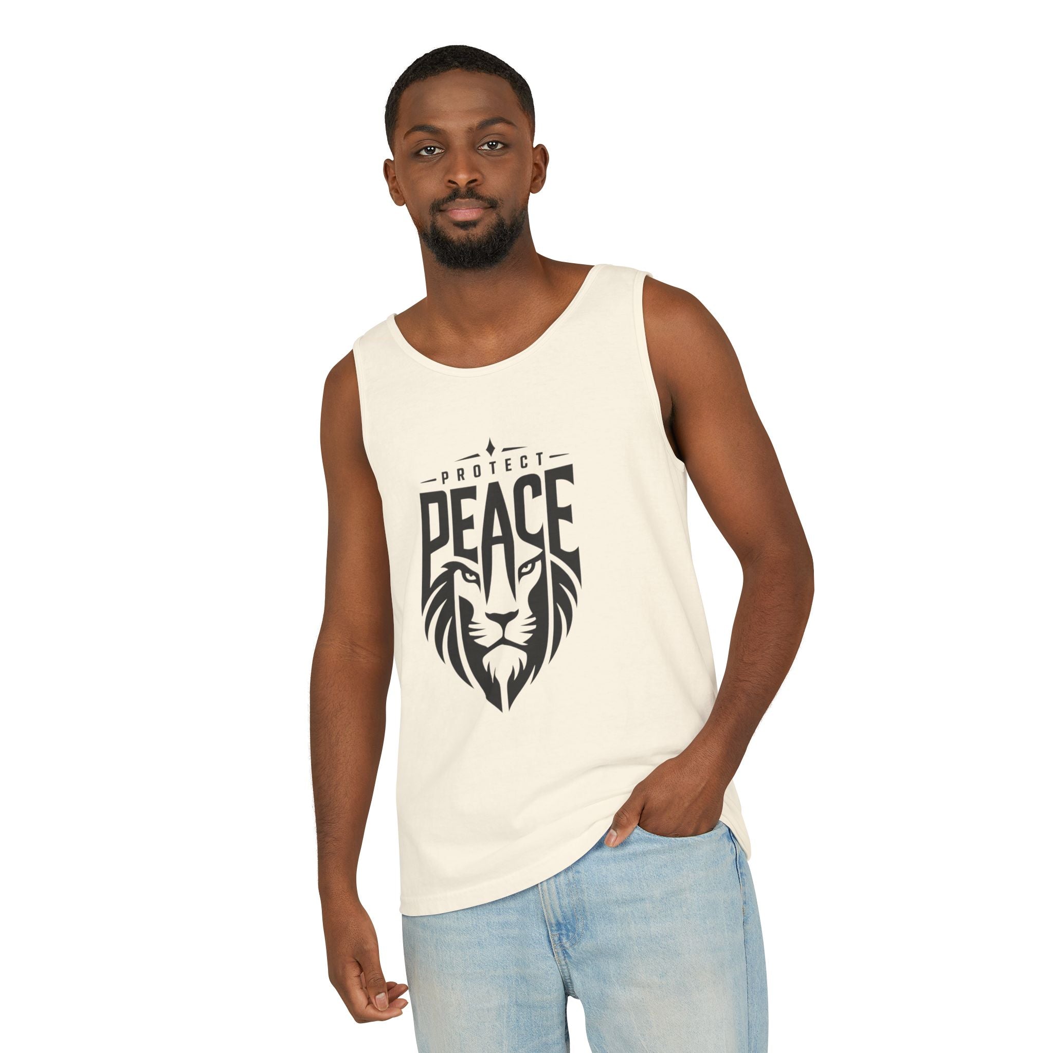 Protect Peace Lion Tank Top — Graphic Lion Shield Spiritual Tee