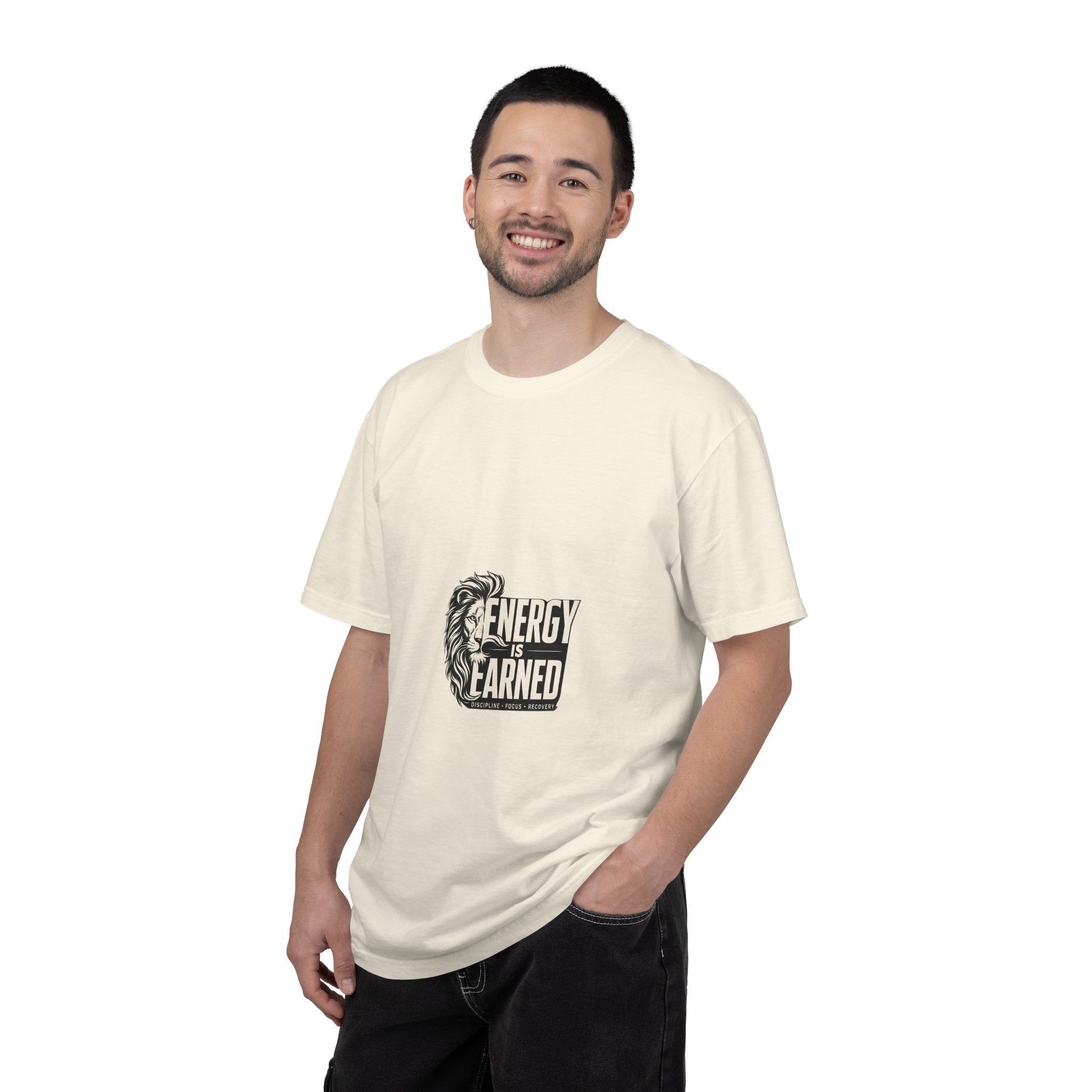 Energy Is Earned T-Shirt — Lion Graphic Motivational Tee