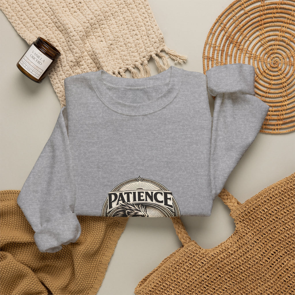 Patience Lion Crewneck Sweatshirt — Vintage Emblem Graphic