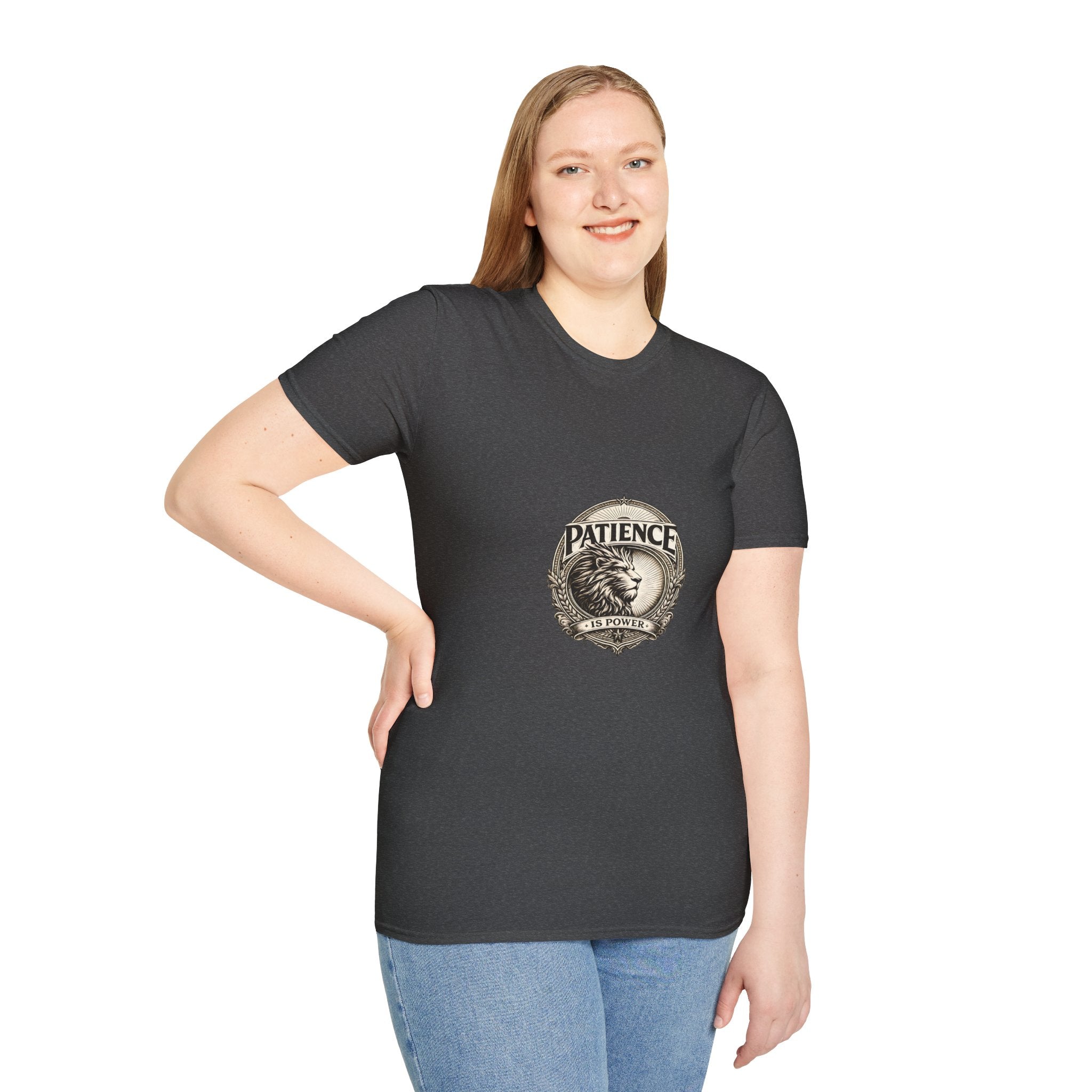 Patience Lion T-Shirt — Vintage Badge Tee with 'Patience' Quote
