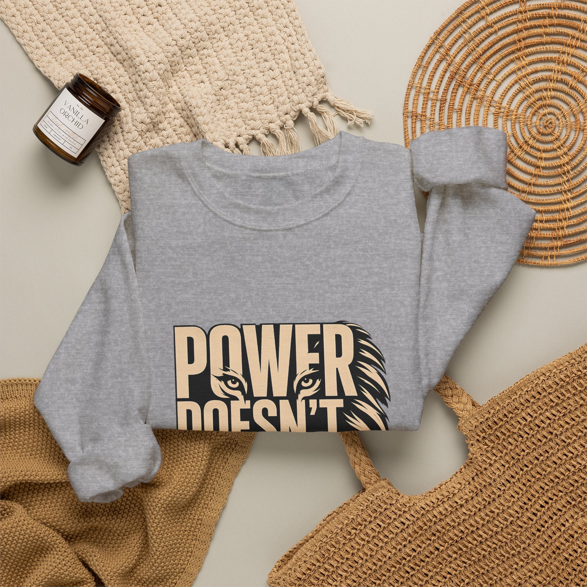 Crewneck Sweatshirt — "Power Doesn't Prove Itself" Lion Graphic