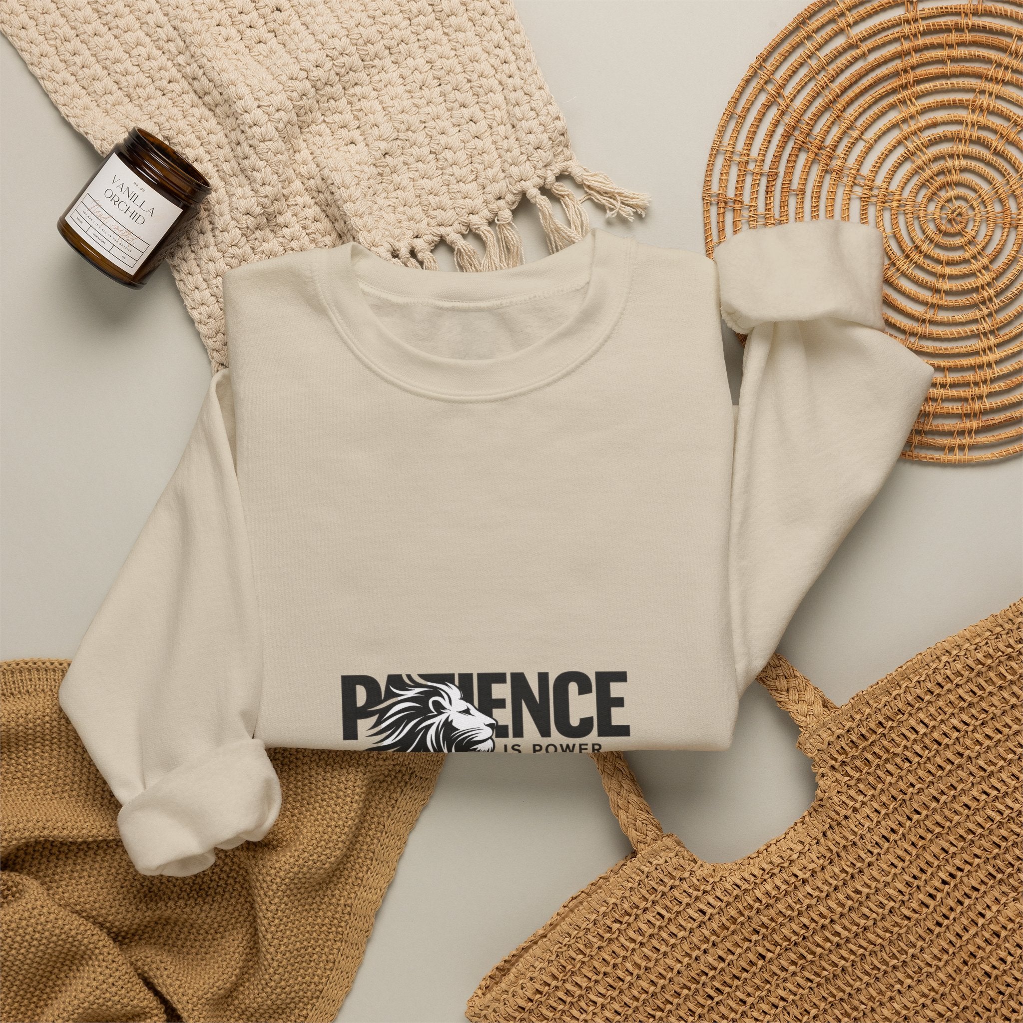 Patience Is Power Crewneck Sweatshirt — Lion Graphic Inspirational Pullover