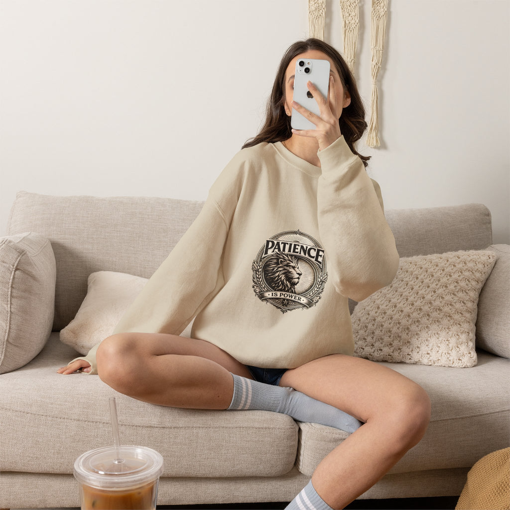Patience Lion Crewneck Sweatshirt — Vintage Emblem Graphic