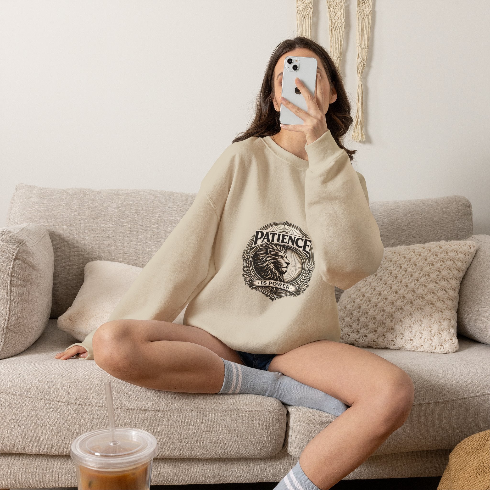 Patience Lion Crewneck Sweatshirt — Vintage Emblem Graphic