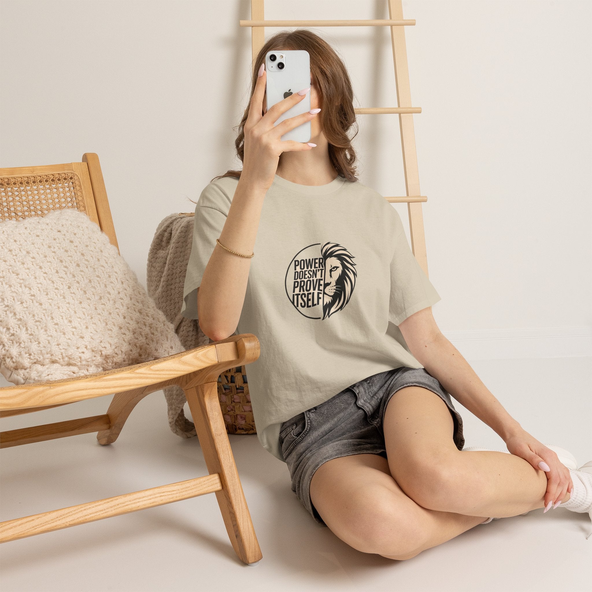 Lion Graphic Tee — "Power Doesn't Prove Itself" Motivational T-Shirt