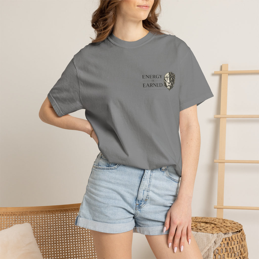 Energy Earned Lion Tee — Minimal Motivational Graphic T-Shirt