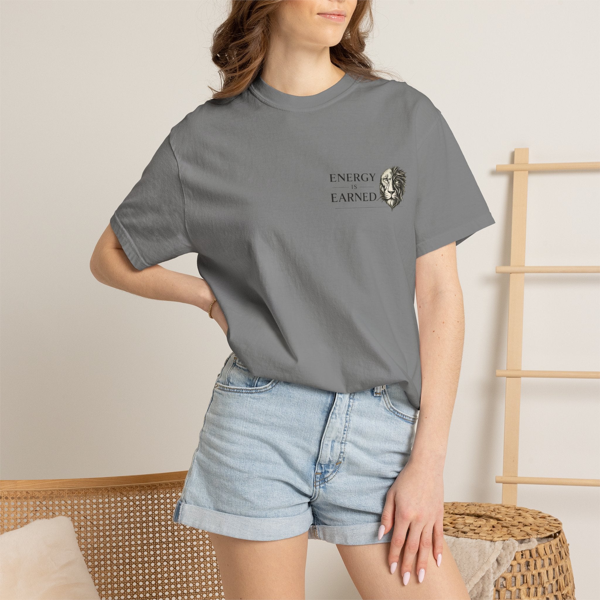 Energy Earned Lion Tee — Minimal Motivational Graphic T-Shirt