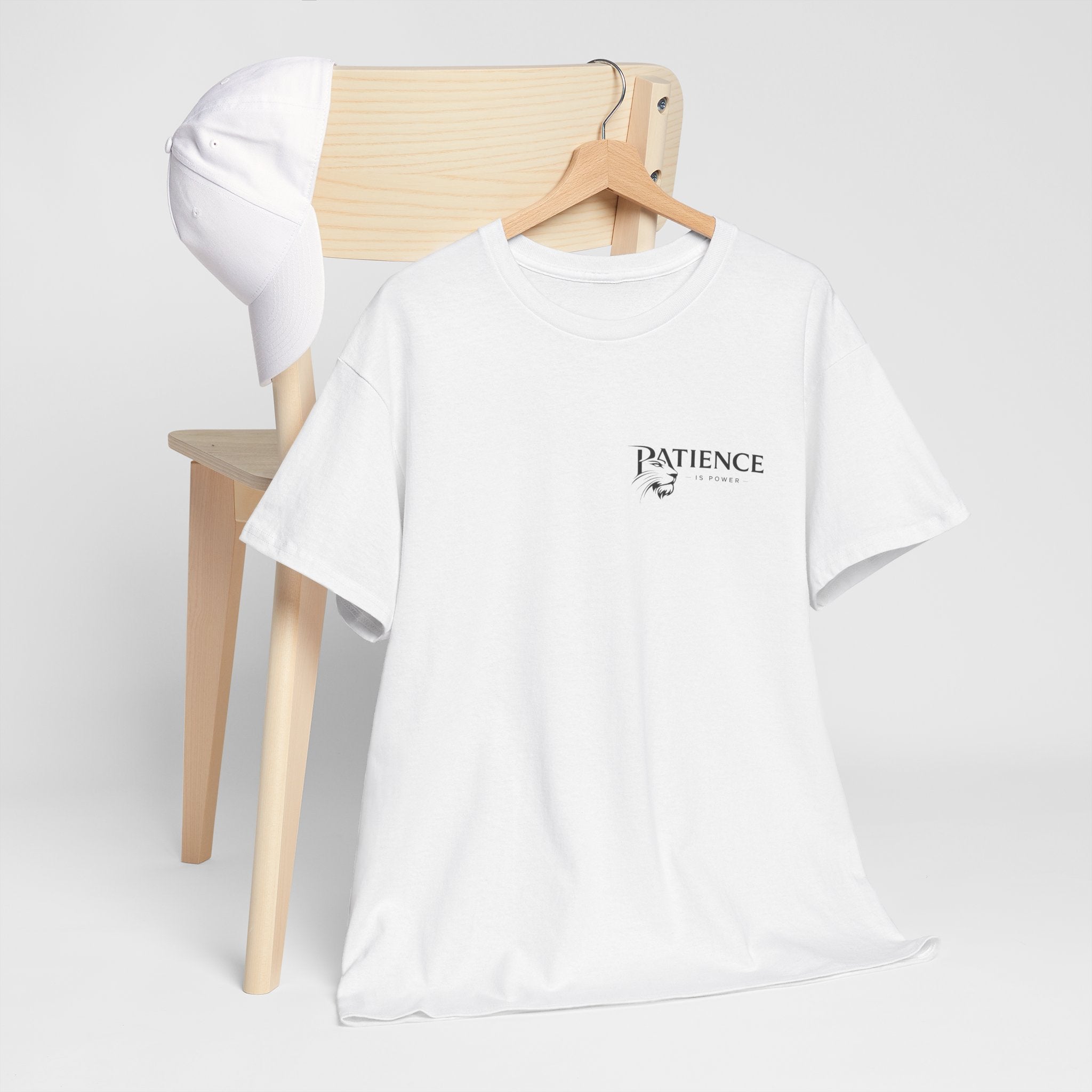 Patience Minimalist Tee — Small Script Floral Chest Print