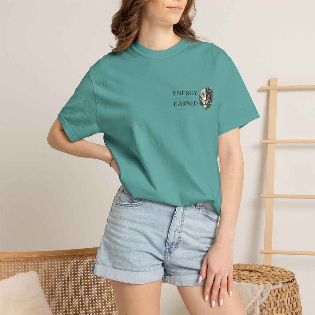 Energy Earned Lion Tee — Minimal Motivational Graphic T-Shirt