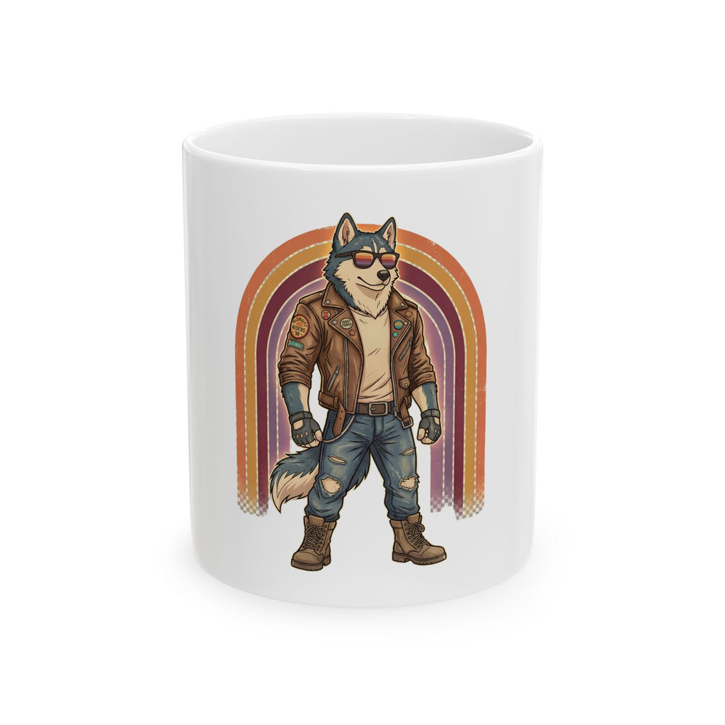Husky Biker Ceramic Mug — Retro Rainbow Cool Dog Coffee Cup (11oz/15oz)