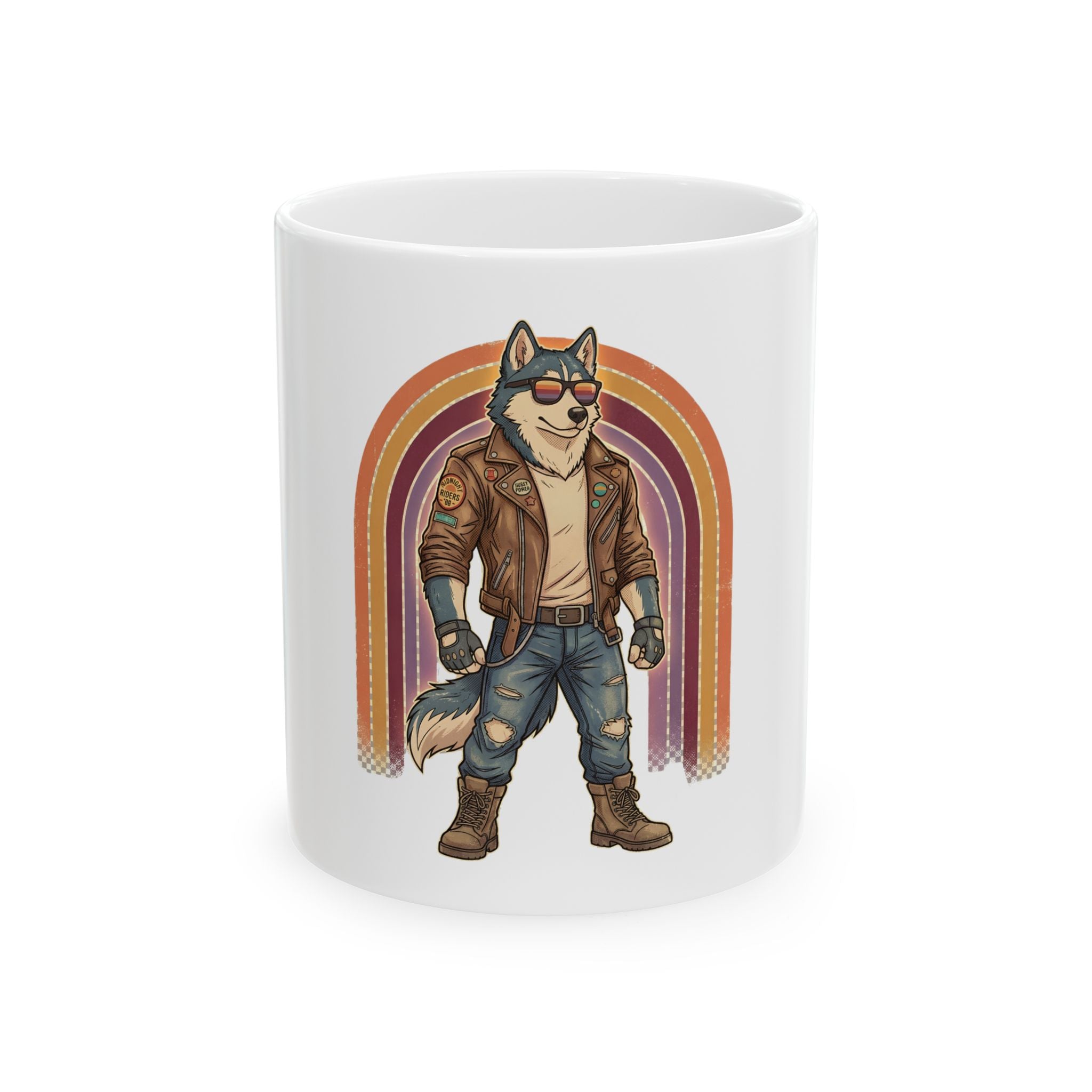 Husky Biker Ceramic Mug — Retro Rainbow Cool Dog Coffee Cup (11oz/15oz)