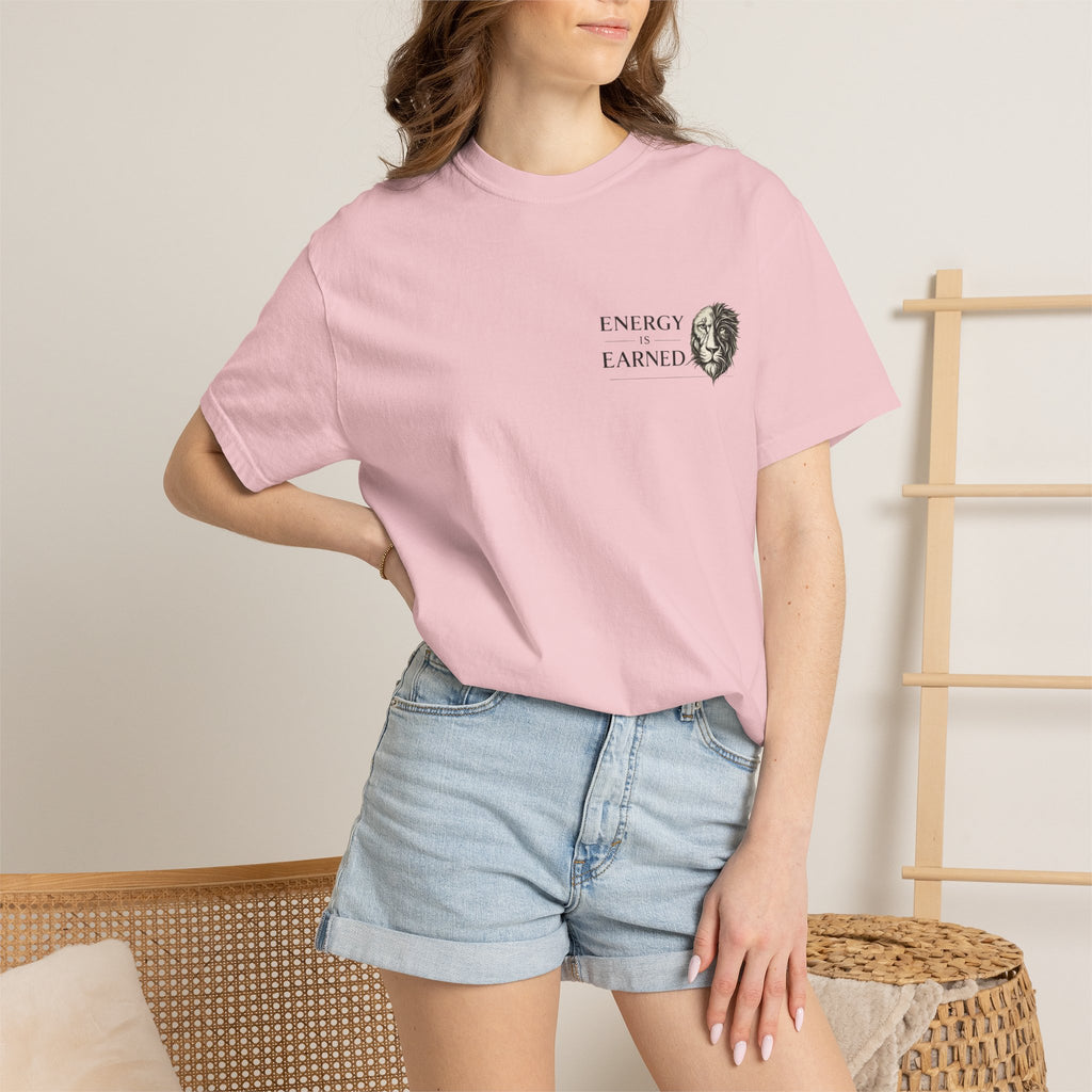 Energy Earned Lion Tee — Minimal Motivational Graphic T-Shirt