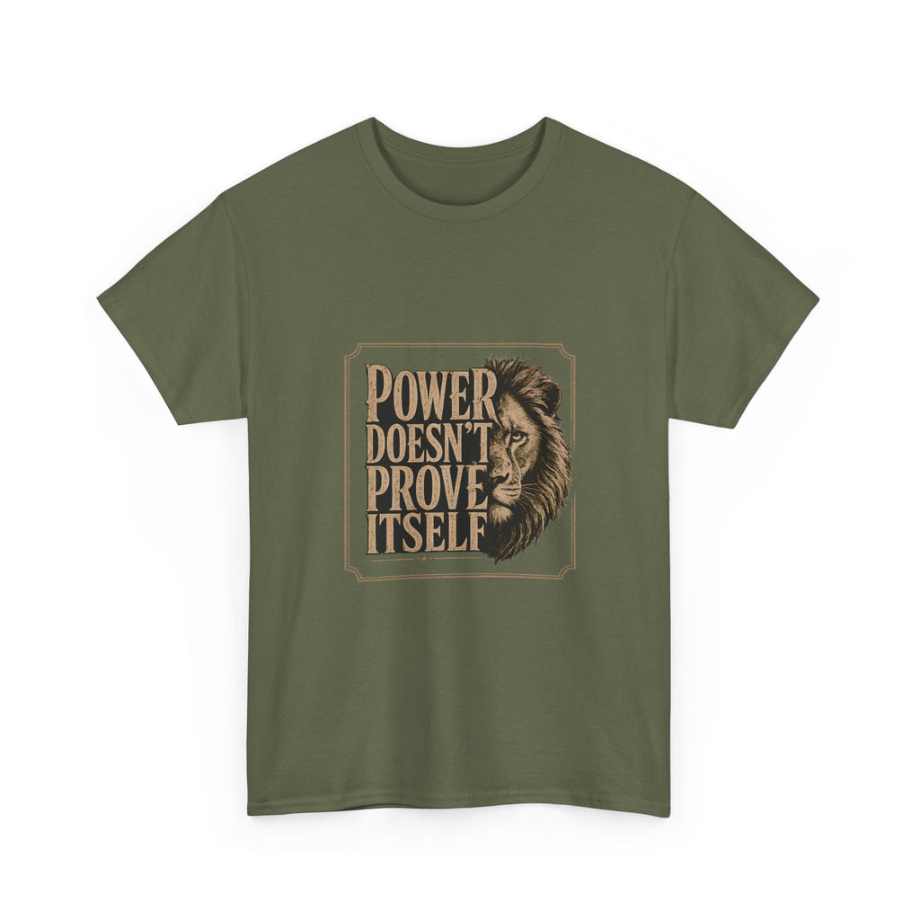 Power Doesn't Prove Itself Lion Graphic Tee — Motivational Men's White T-Shirt