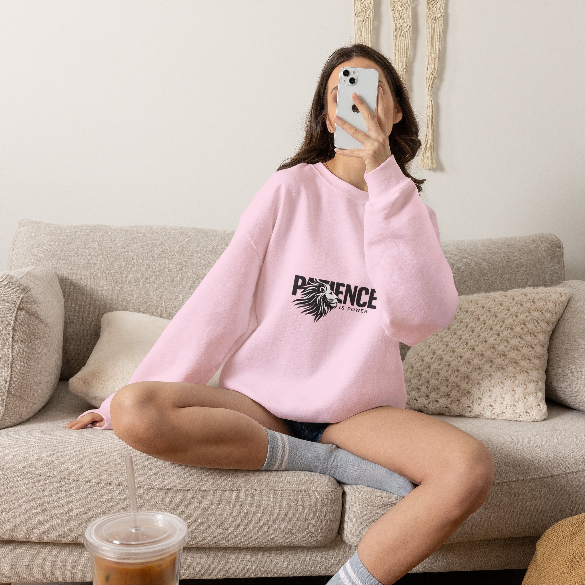 Patience Is Power Crewneck Sweatshirt — Lion Graphic Inspirational Pullover