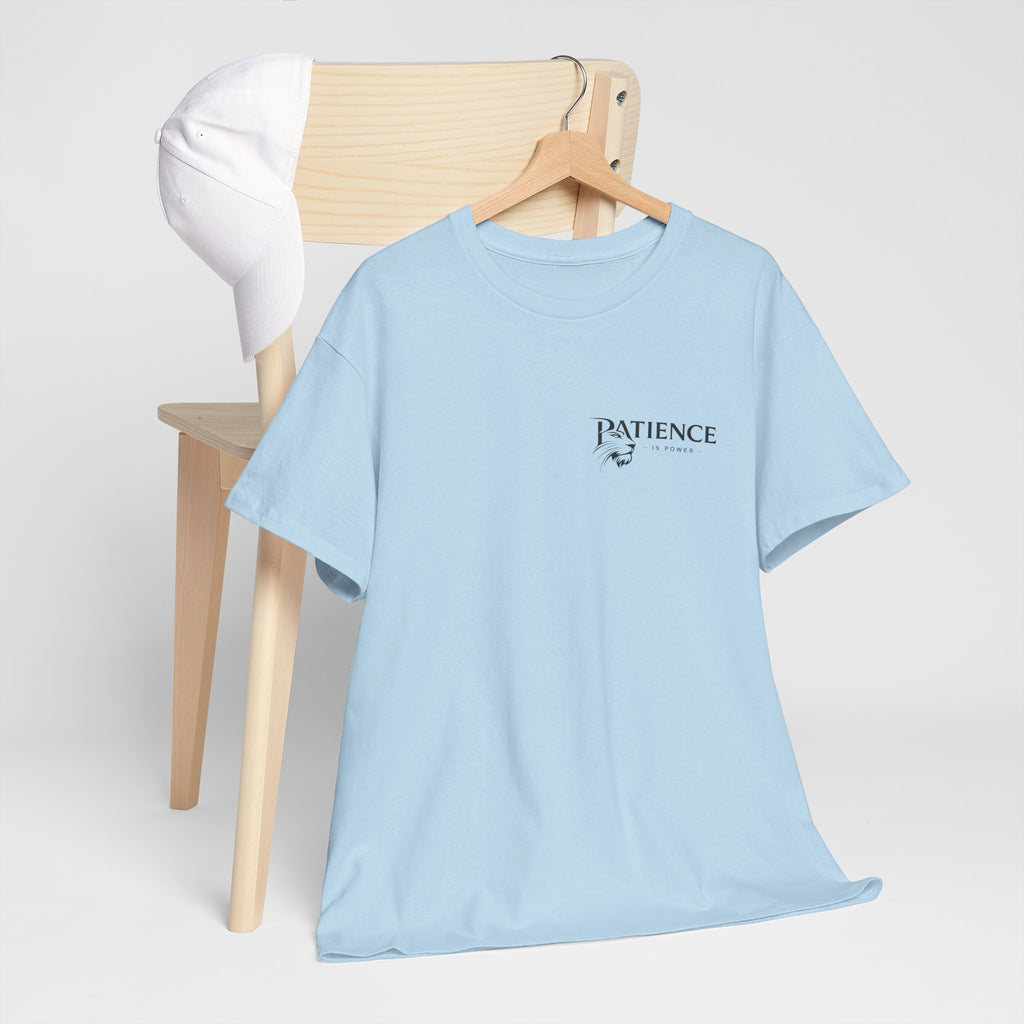 Patience Minimalist Tee — Small Script Floral Chest Print