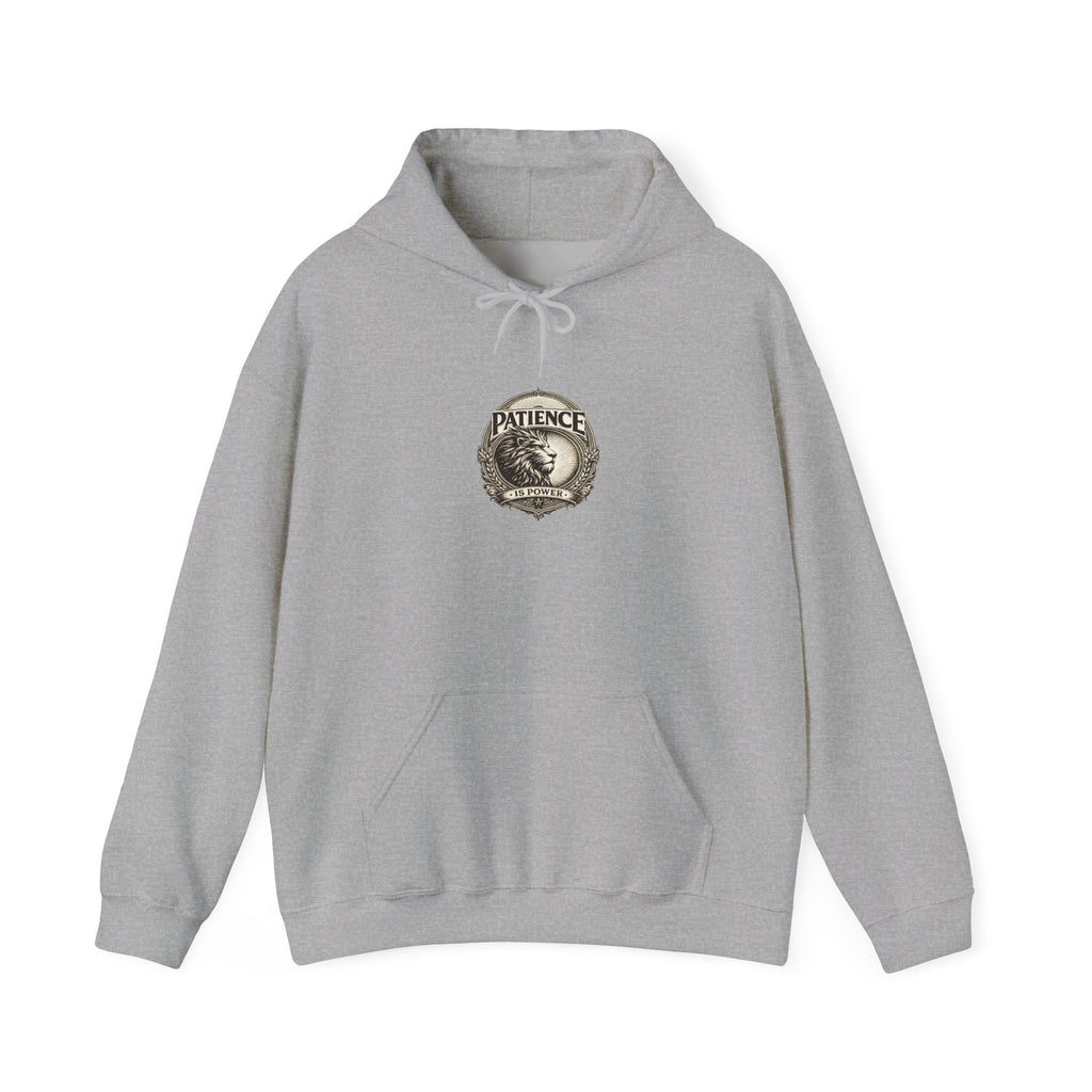 Patience Vintage Crest Hoodie — Inspirational Retro Emblem Sweatshirt