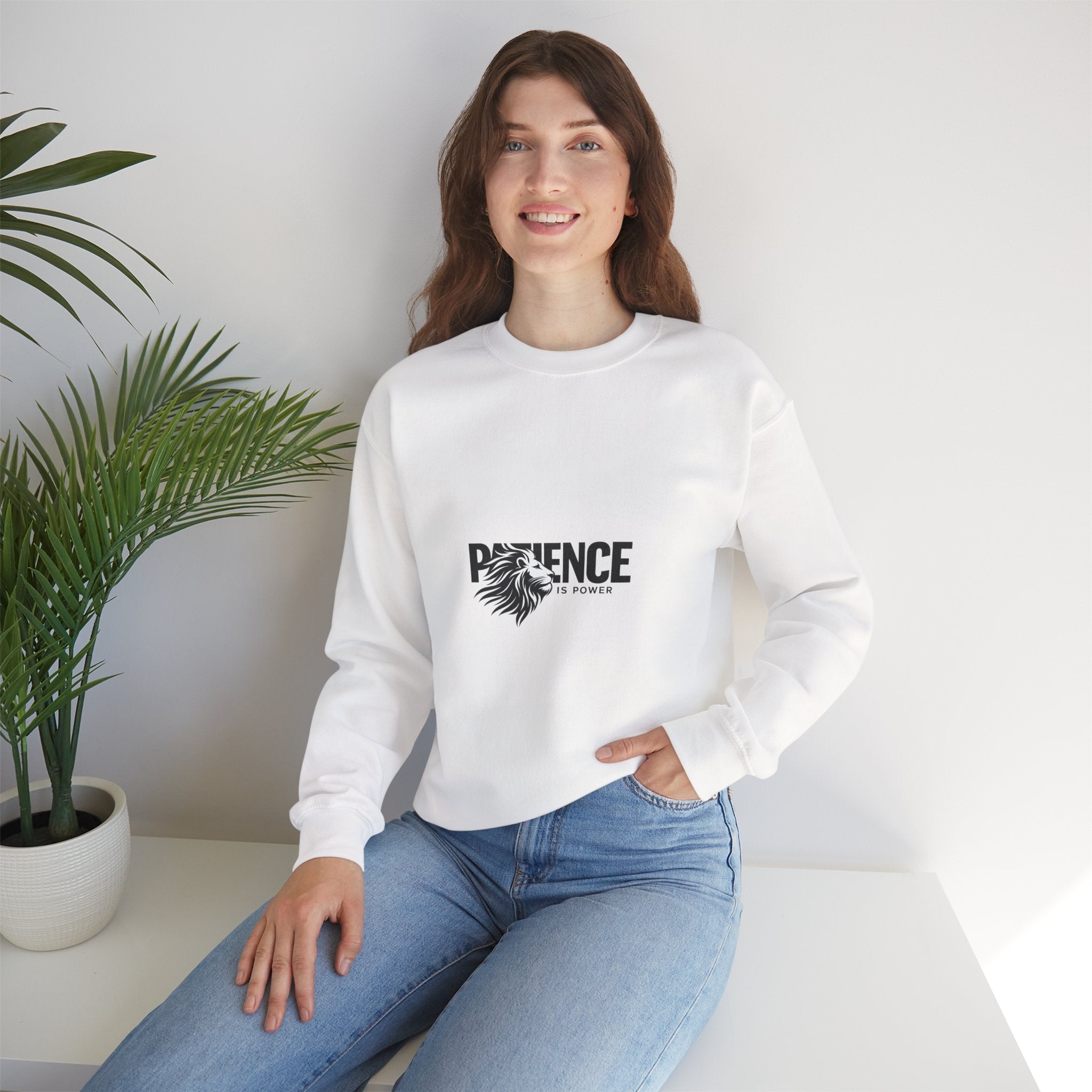 Patience Is Power Crewneck Sweatshirt — Lion Graphic Inspirational Pullover