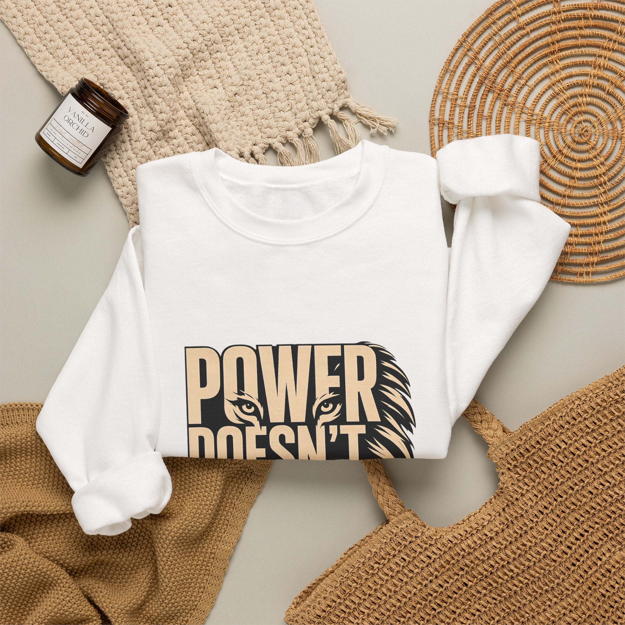Crewneck Sweatshirt — "Power Doesn't Prove Itself" Lion Graphic