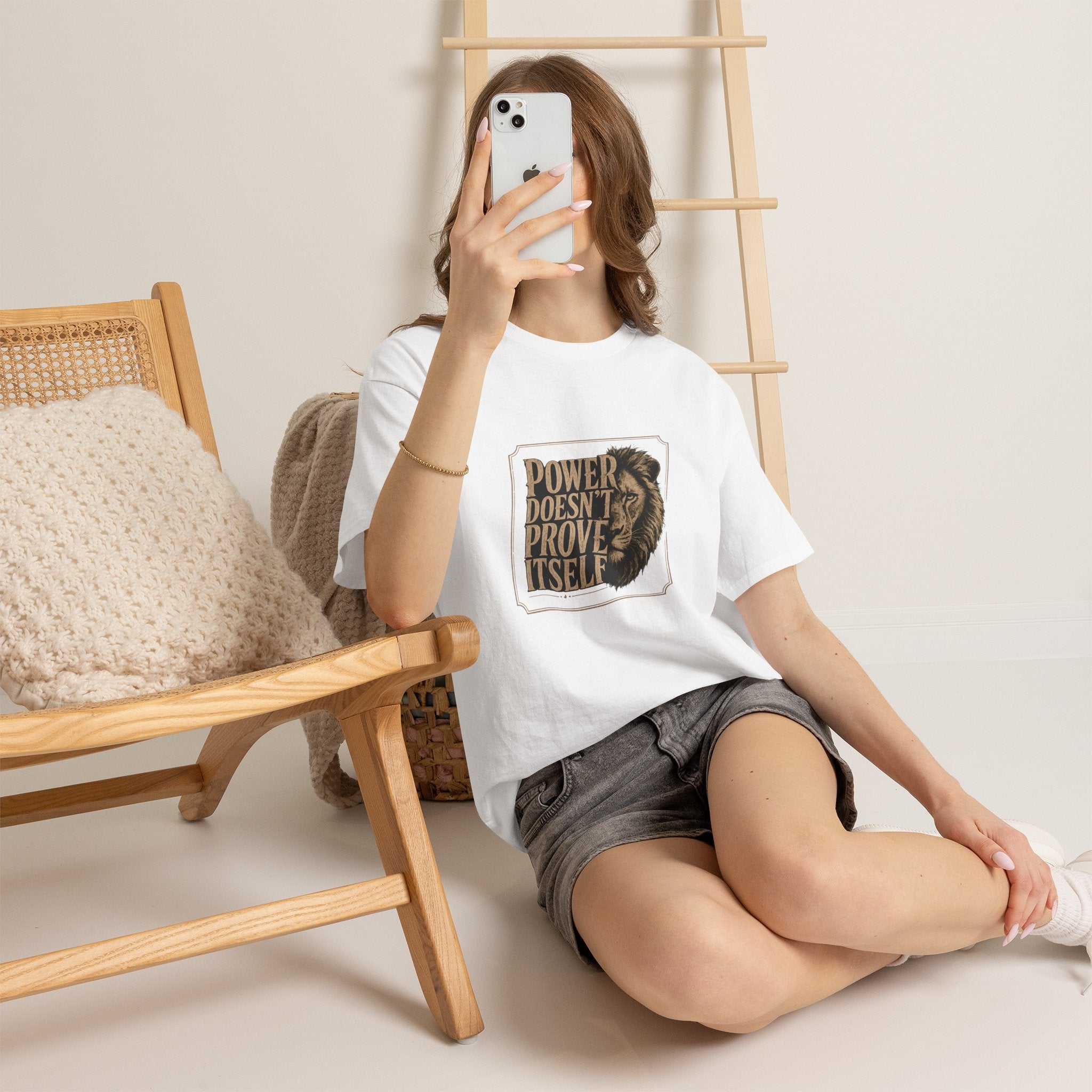 Power Doesn't Prove Itself Lion Graphic Tee — Motivational Men's White T-Shirt