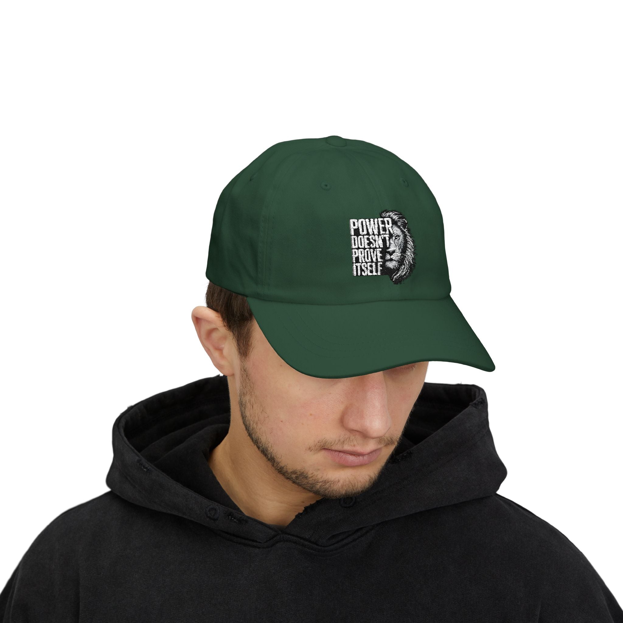 Classic Dad Cap - 'Power Doesn't Prove Itself' Lion Graphic Hat