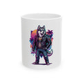 Husky Biker Ceramic Mug — Retro Neon Wolf Coffee Cup (11oz/15oz)