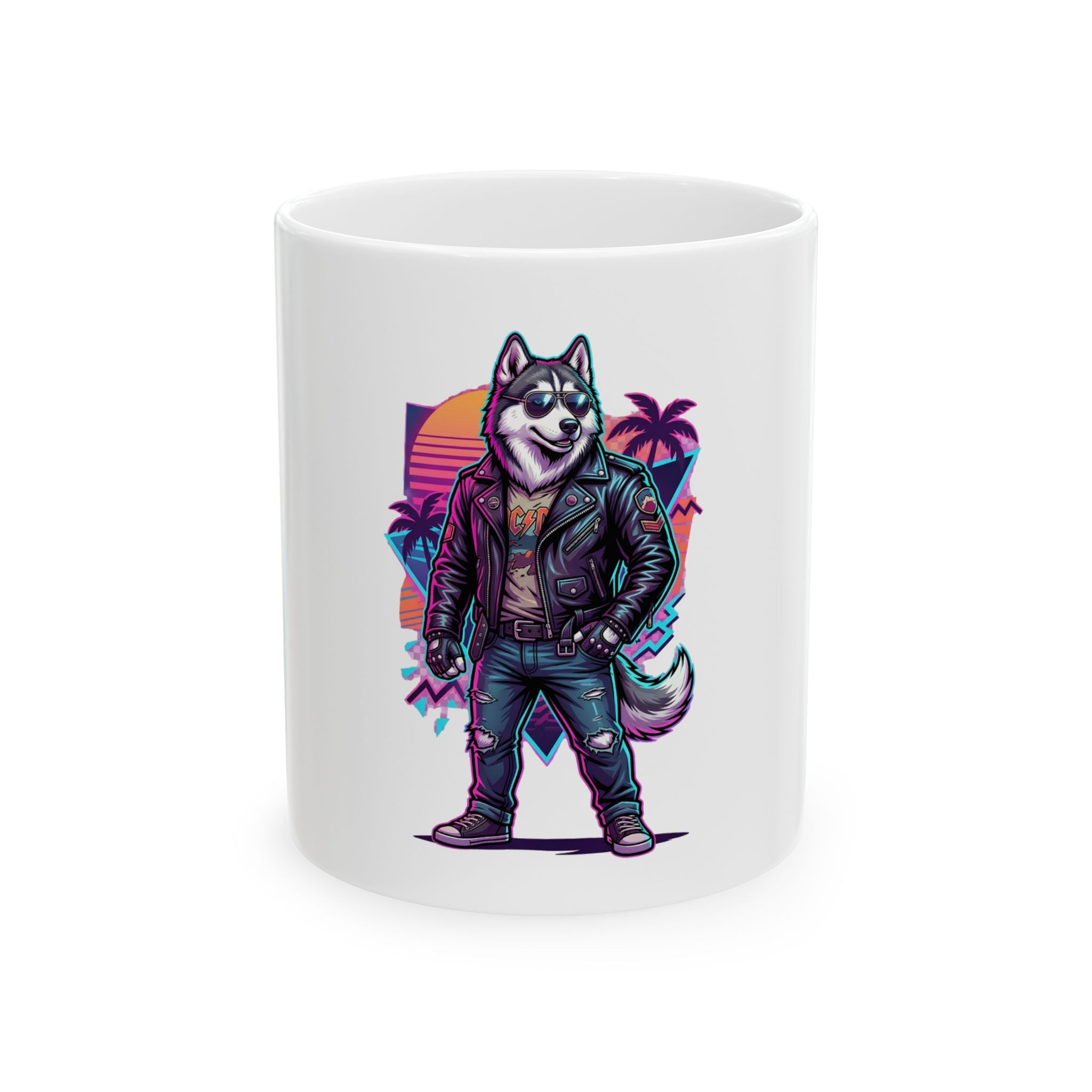 Husky Biker Ceramic Mug — Retro Neon Wolf Coffee Cup (11oz/15oz)