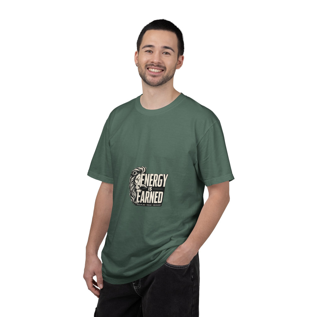 Energy Is Earned T-Shirt — Lion Graphic Motivational Tee