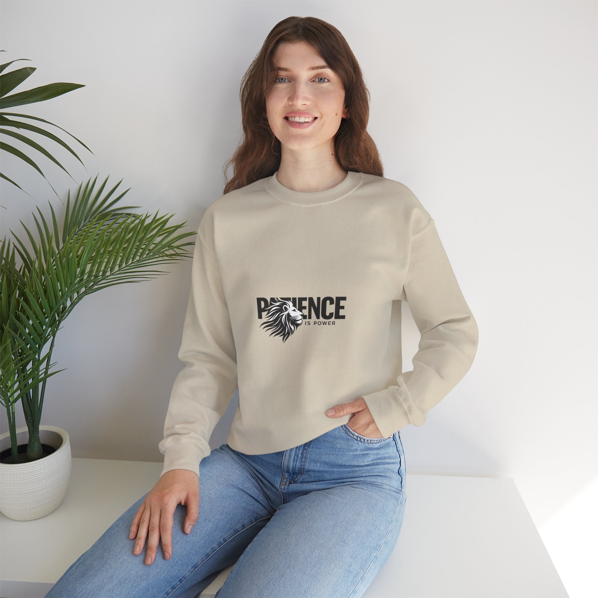 Patience Is Power Crewneck Sweatshirt — Lion Graphic Inspirational Pullover