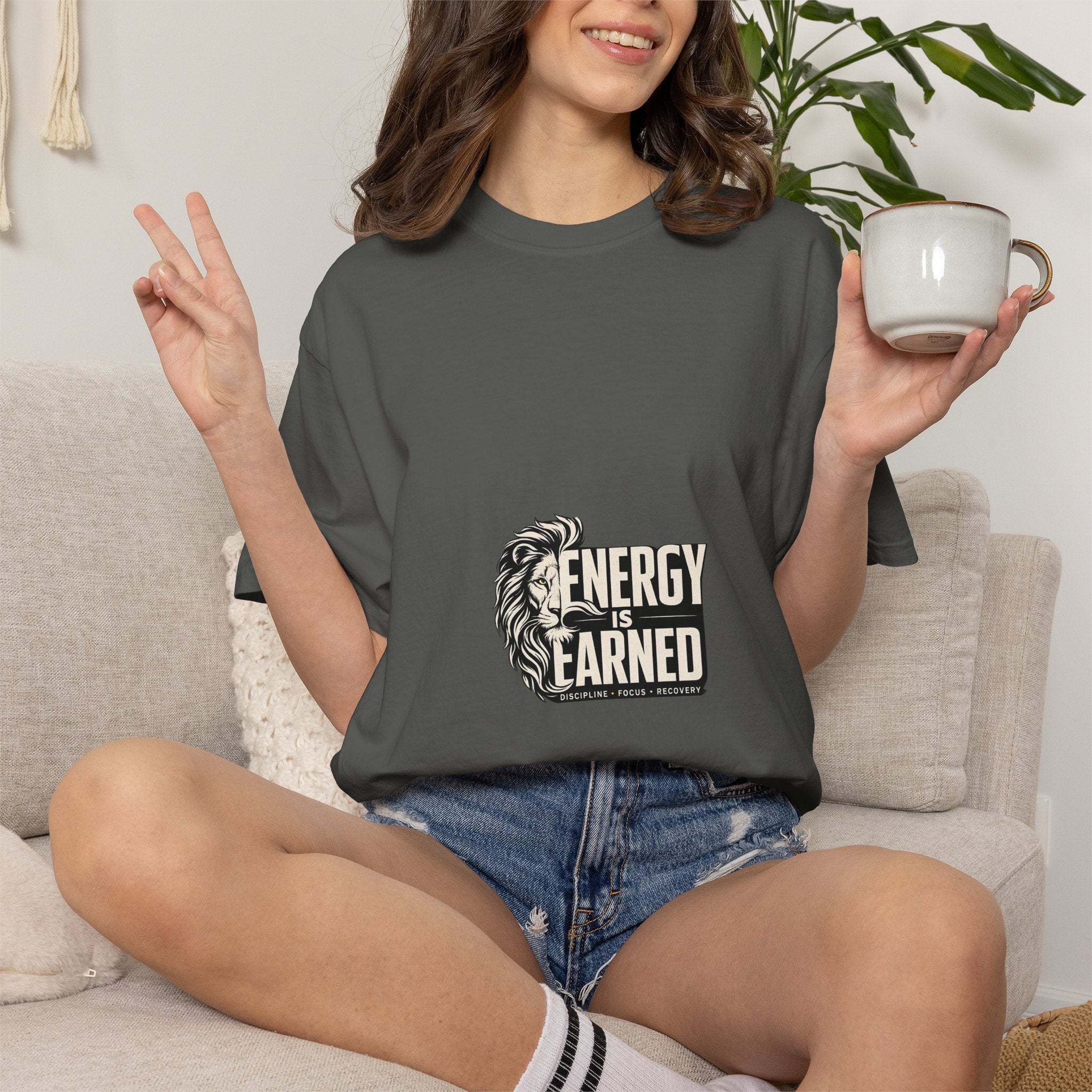 Energy Is Earned T-Shirt — Lion Graphic Motivational Tee