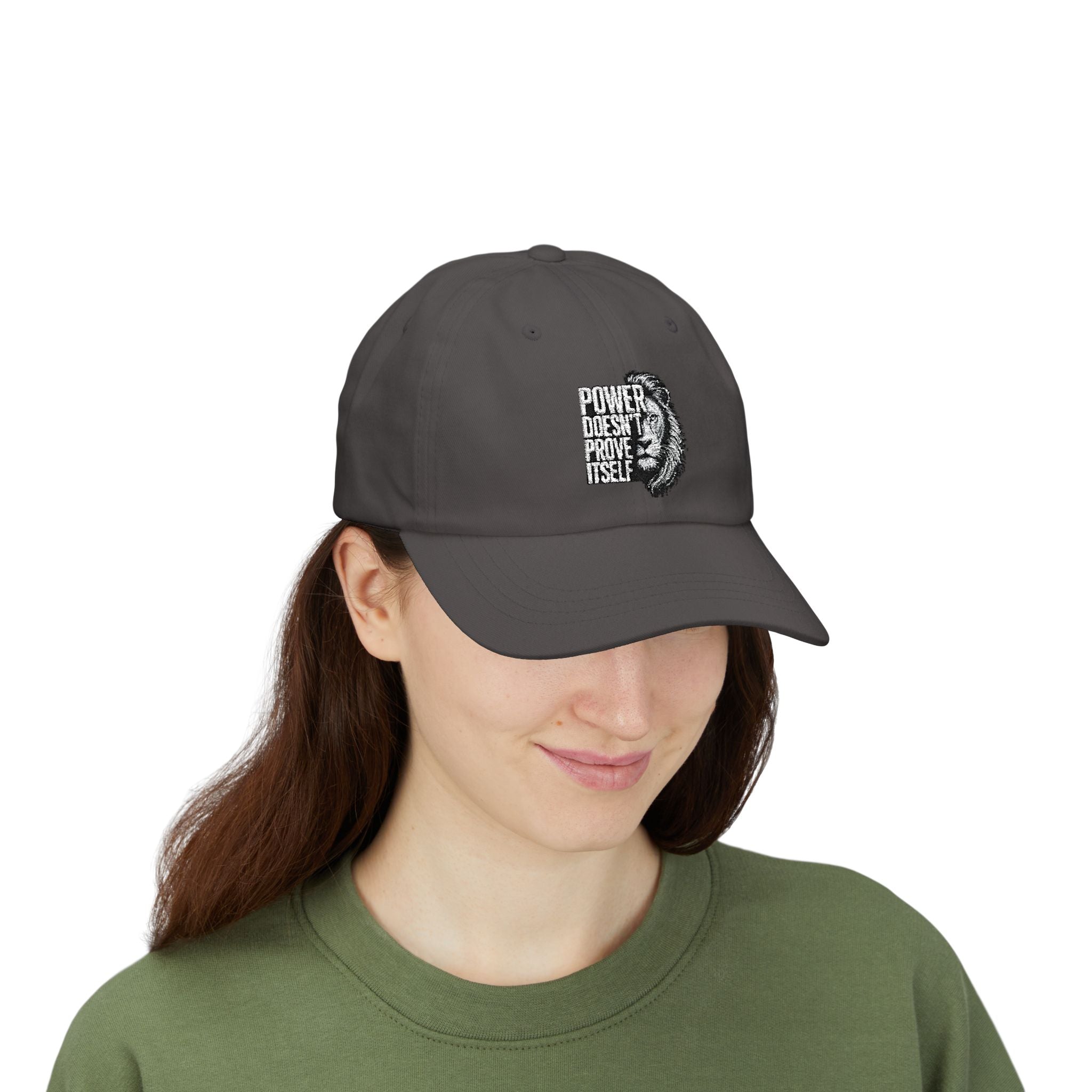 Classic Dad Cap - 'Power Doesn't Prove Itself' Lion Graphic Hat