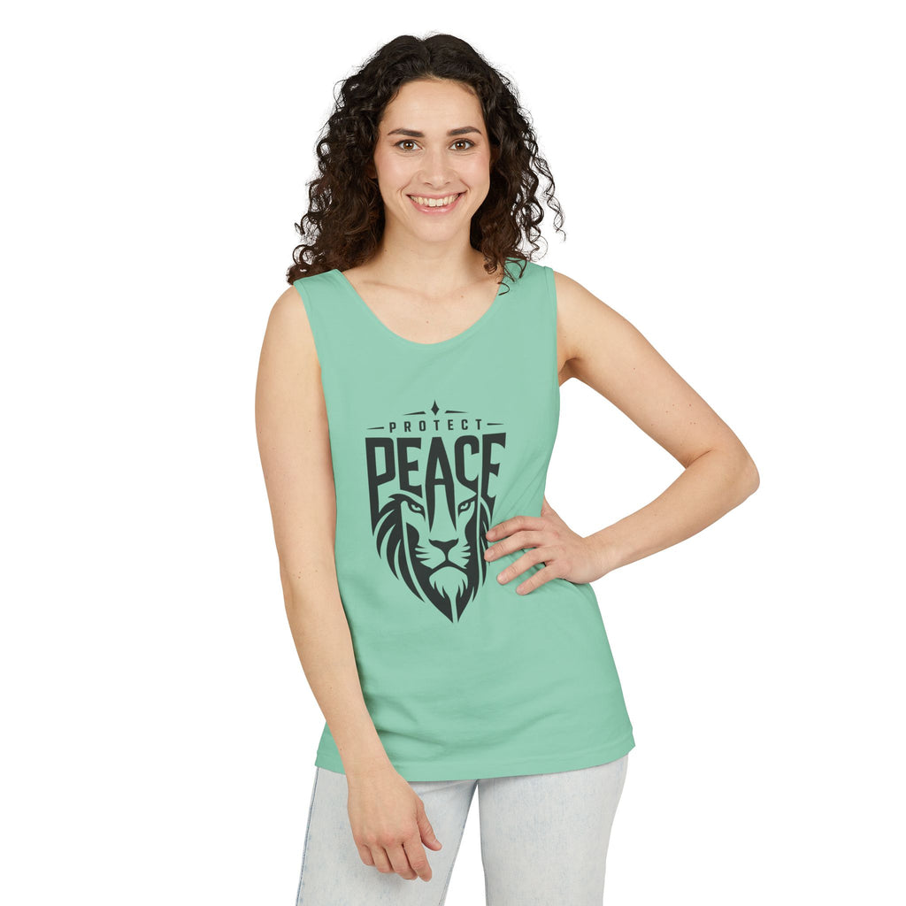 Protect Peace Lion Tank Top — Graphic Lion Shield Spiritual Tee