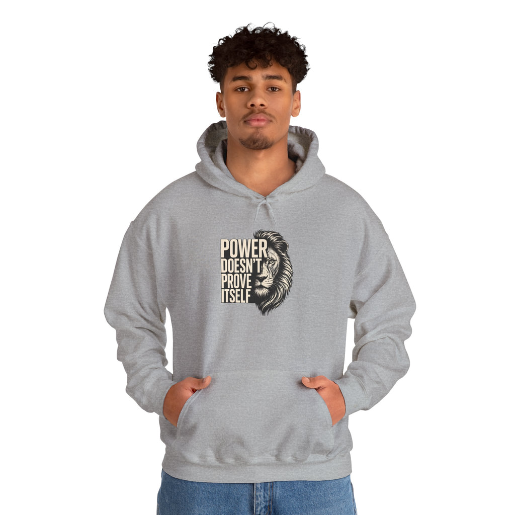 Lion 'Power Doesn't Prove Itself' Hoodie — Inspirational Graphic Sweatshirt
