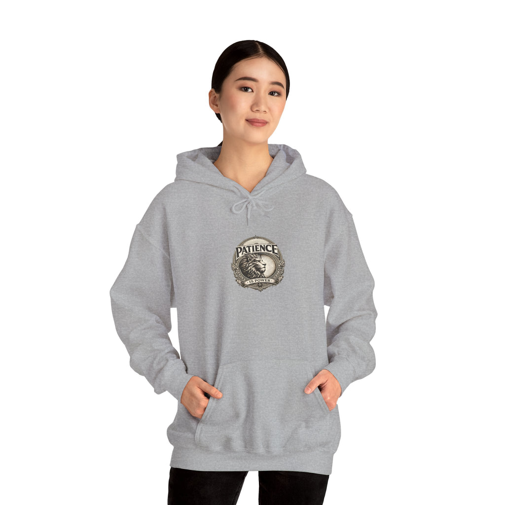 Patience Vintage Crest Hoodie — Inspirational Retro Emblem Sweatshirt