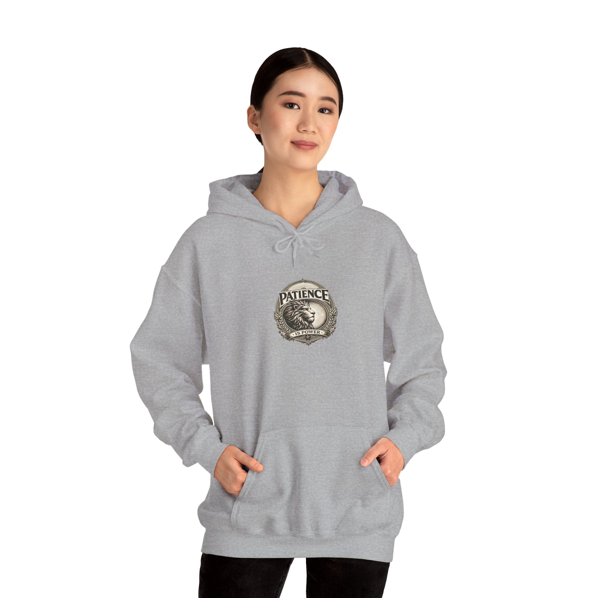 Patience Vintage Crest Hoodie — Inspirational Retro Emblem Sweatshirt