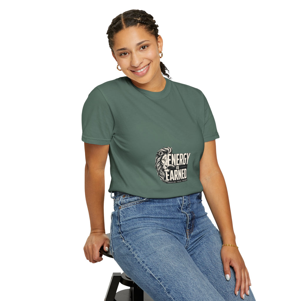Energy Is Earned T-Shirt — Lion Graphic Motivational Tee