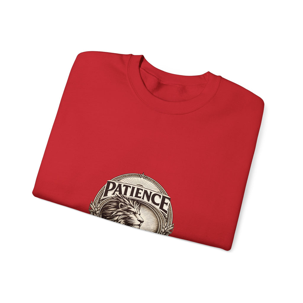 Patience Lion Crewneck Sweatshirt — Vintage Emblem Graphic