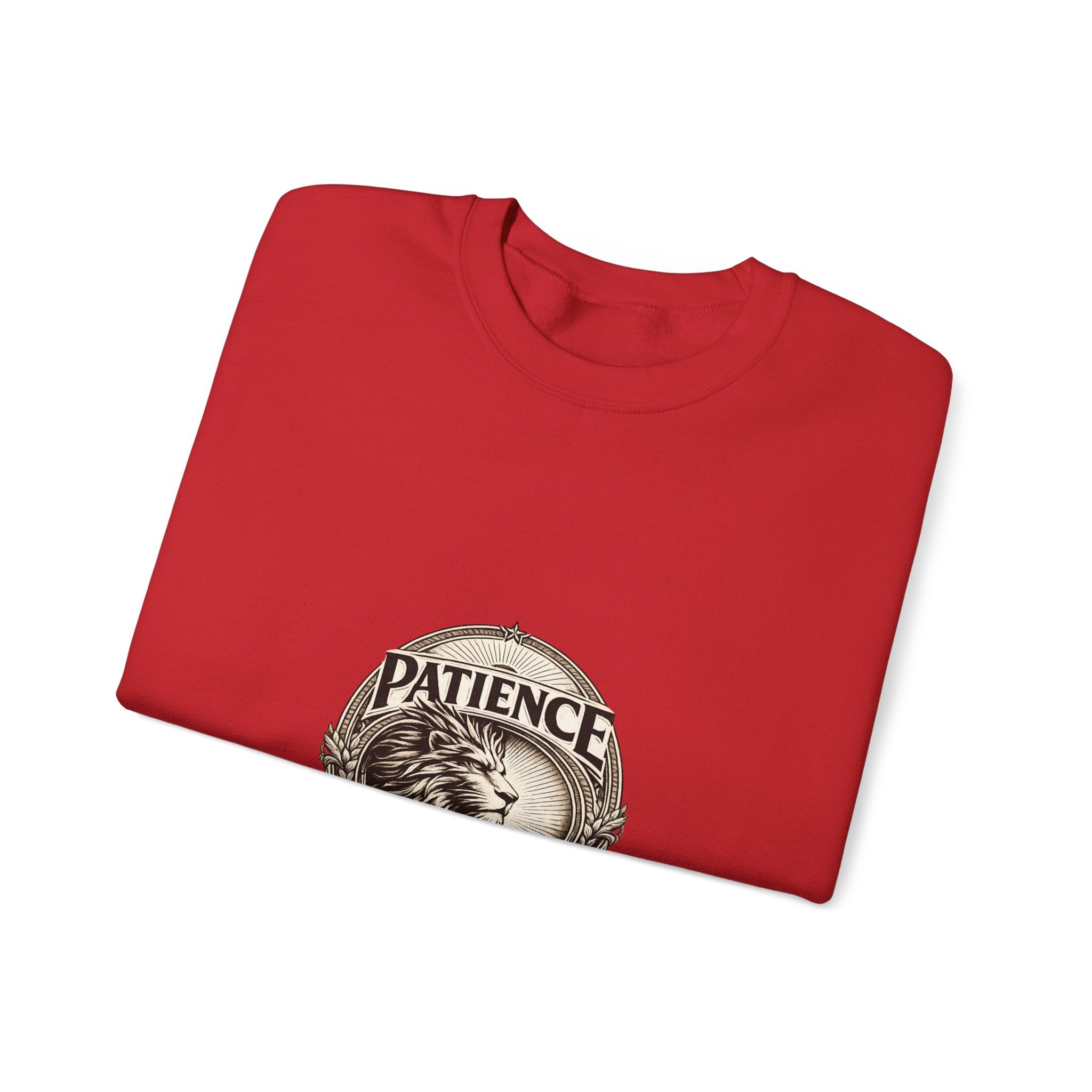Patience Lion Crewneck Sweatshirt — Vintage Emblem Graphic