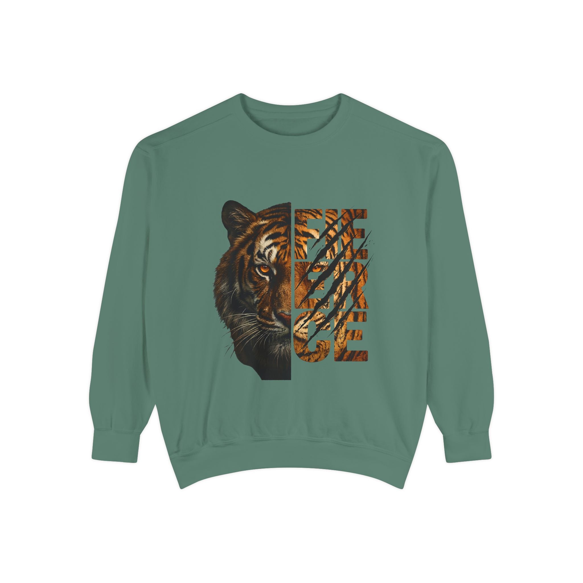 Tiger Fierce Graphic Sweatshirt — 'FIERCE' Split-Image Tiger Crewneck