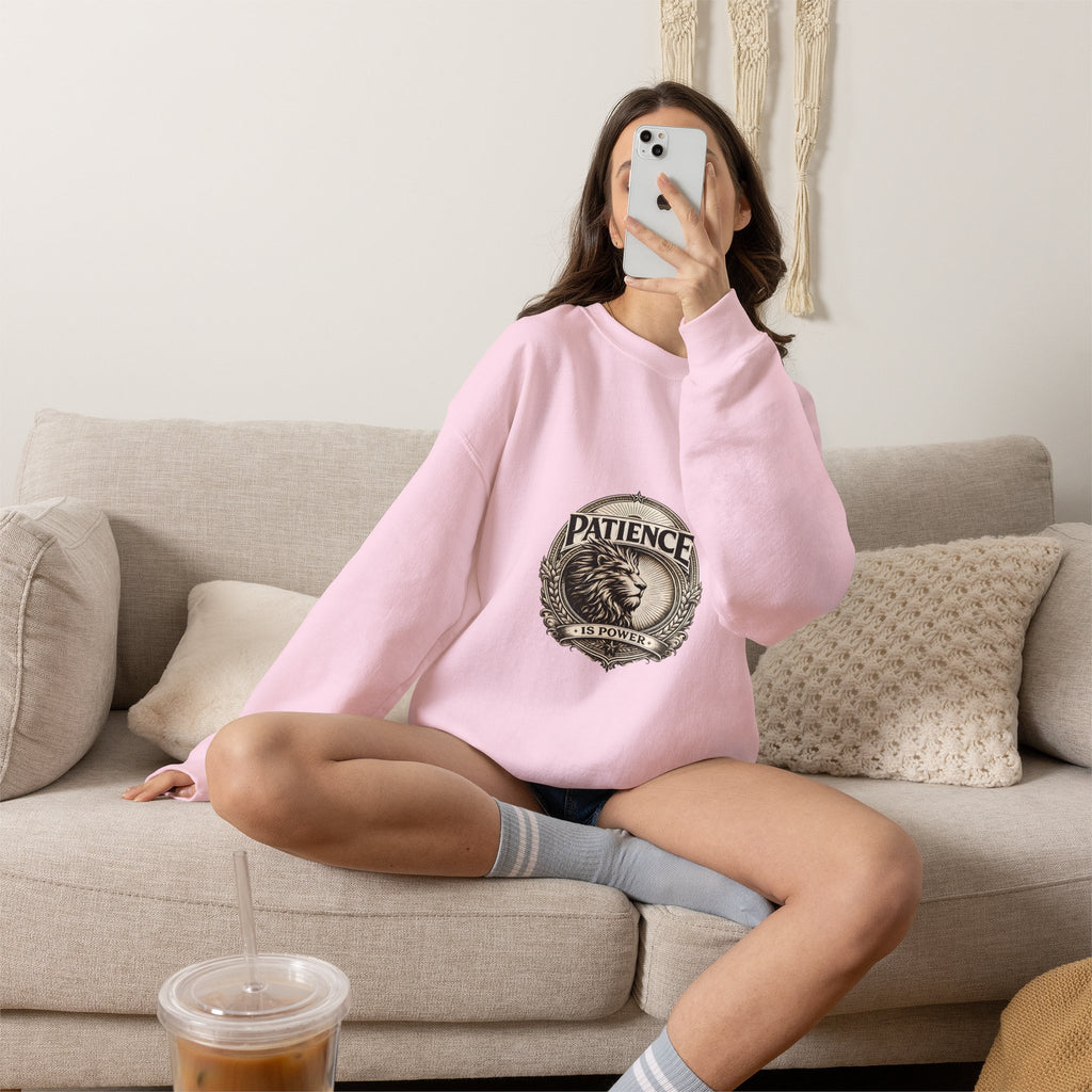 Patience Lion Crewneck Sweatshirt — Vintage Emblem Graphic