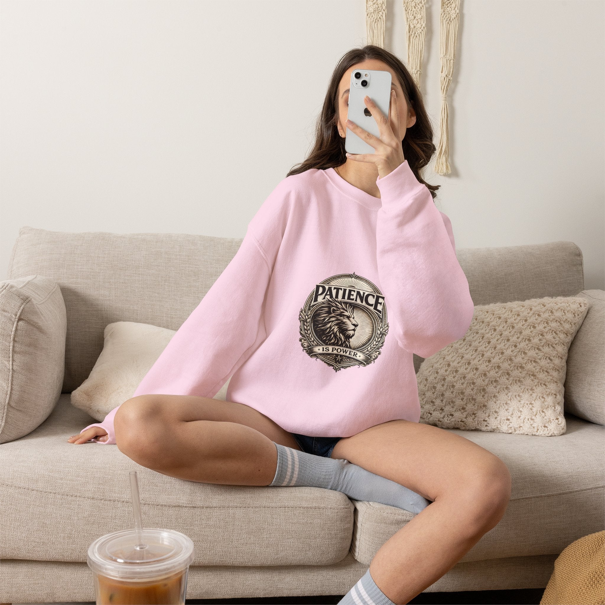 Patience Lion Crewneck Sweatshirt — Vintage Emblem Graphic
