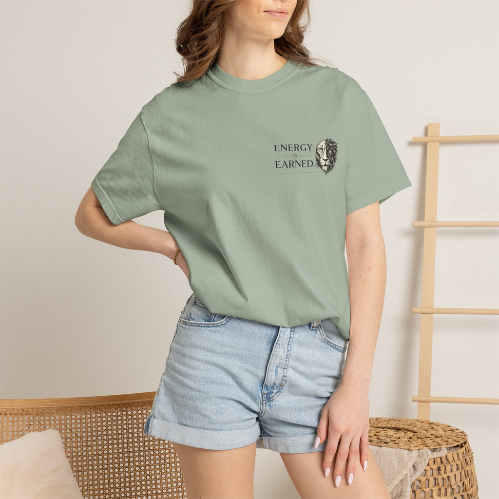 Energy Earned Lion Tee — Minimal Motivational Graphic T-Shirt
