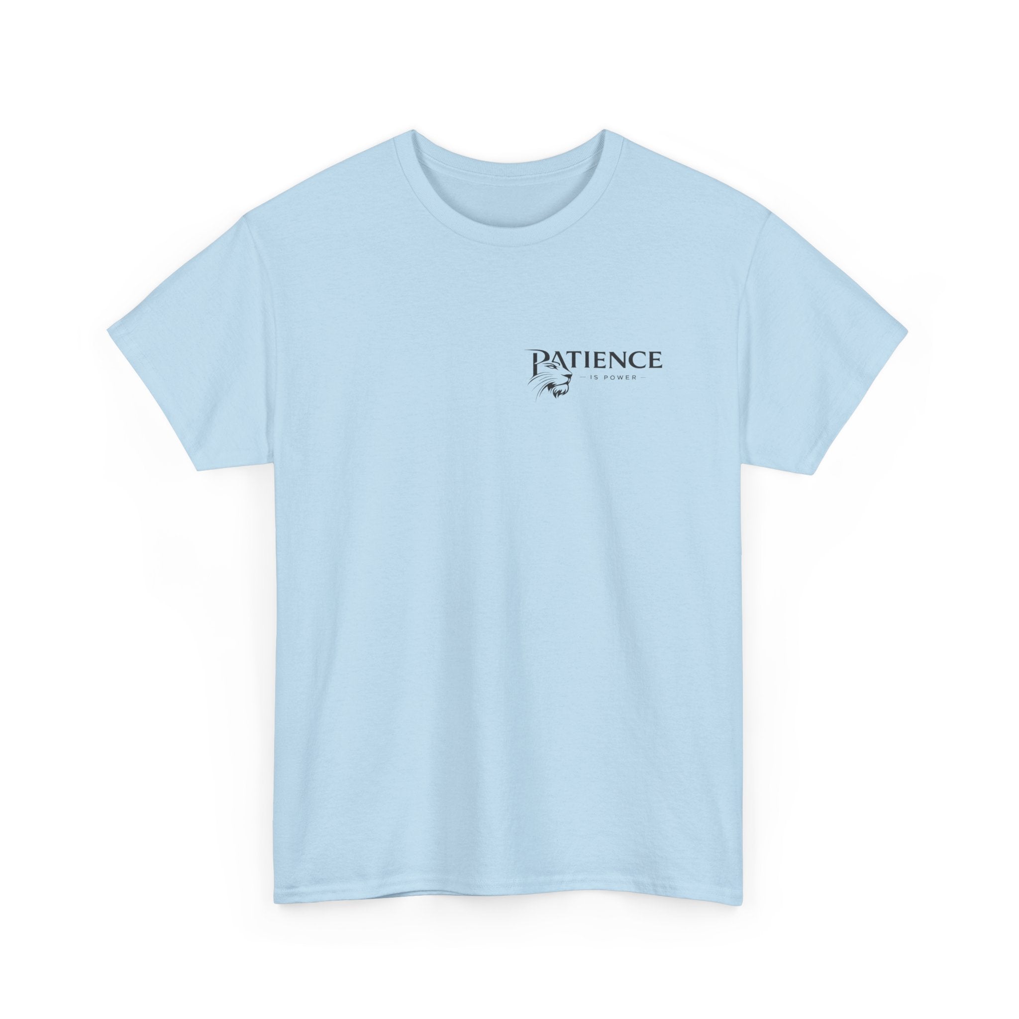Patience Minimalist Tee — Small Script Floral Chest Print