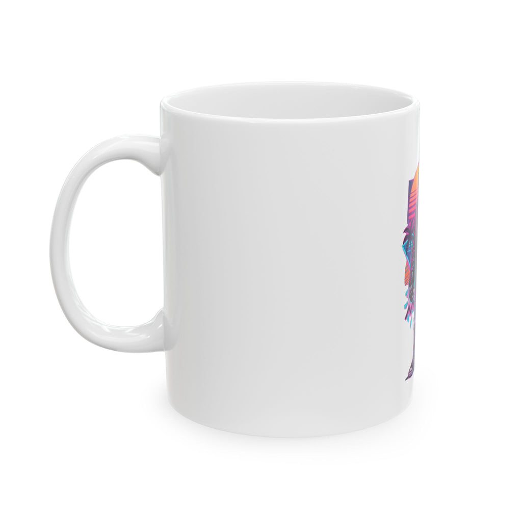 Husky Biker Ceramic Mug — Retro Neon Wolf Coffee Cup (11oz/15oz)