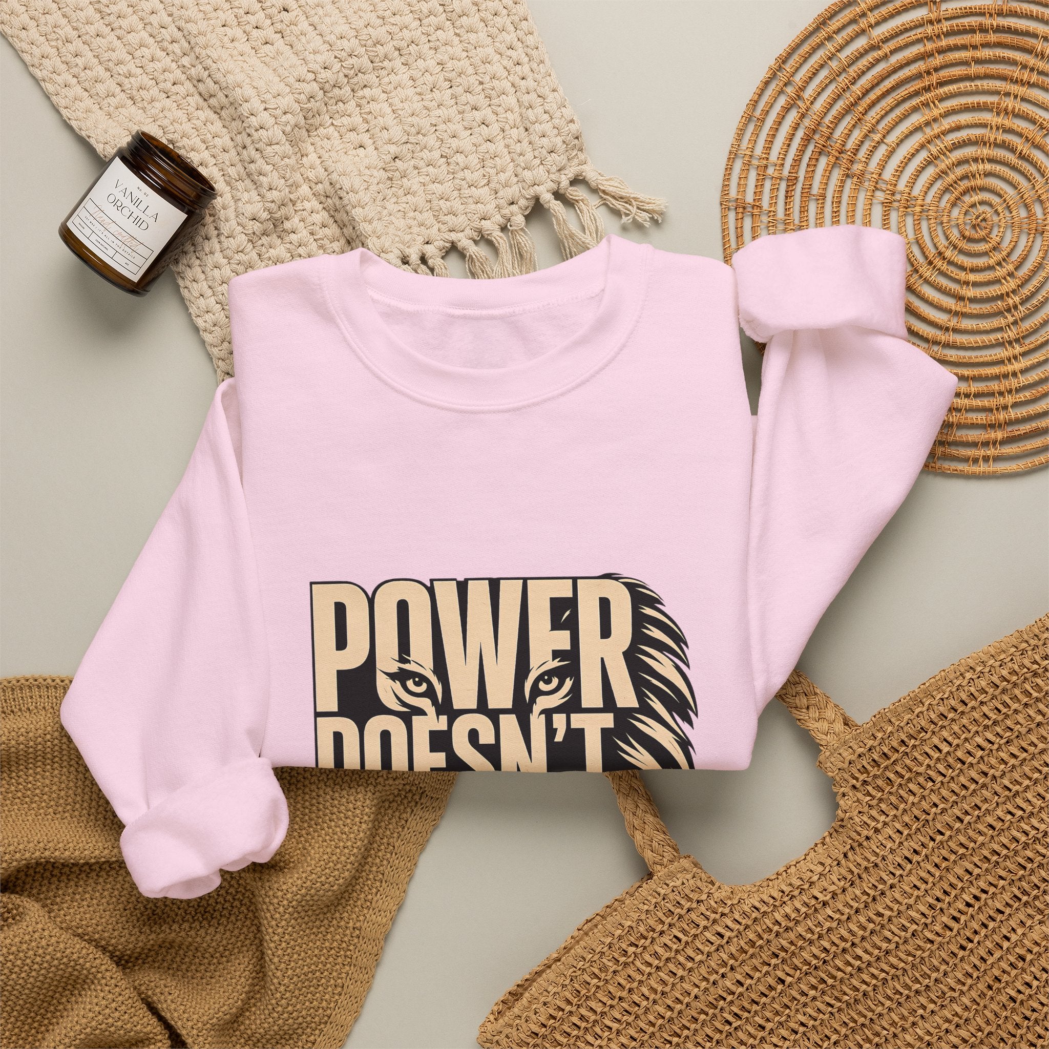 Crewneck Sweatshirt — "Power Doesn't Prove Itself" Lion Graphic