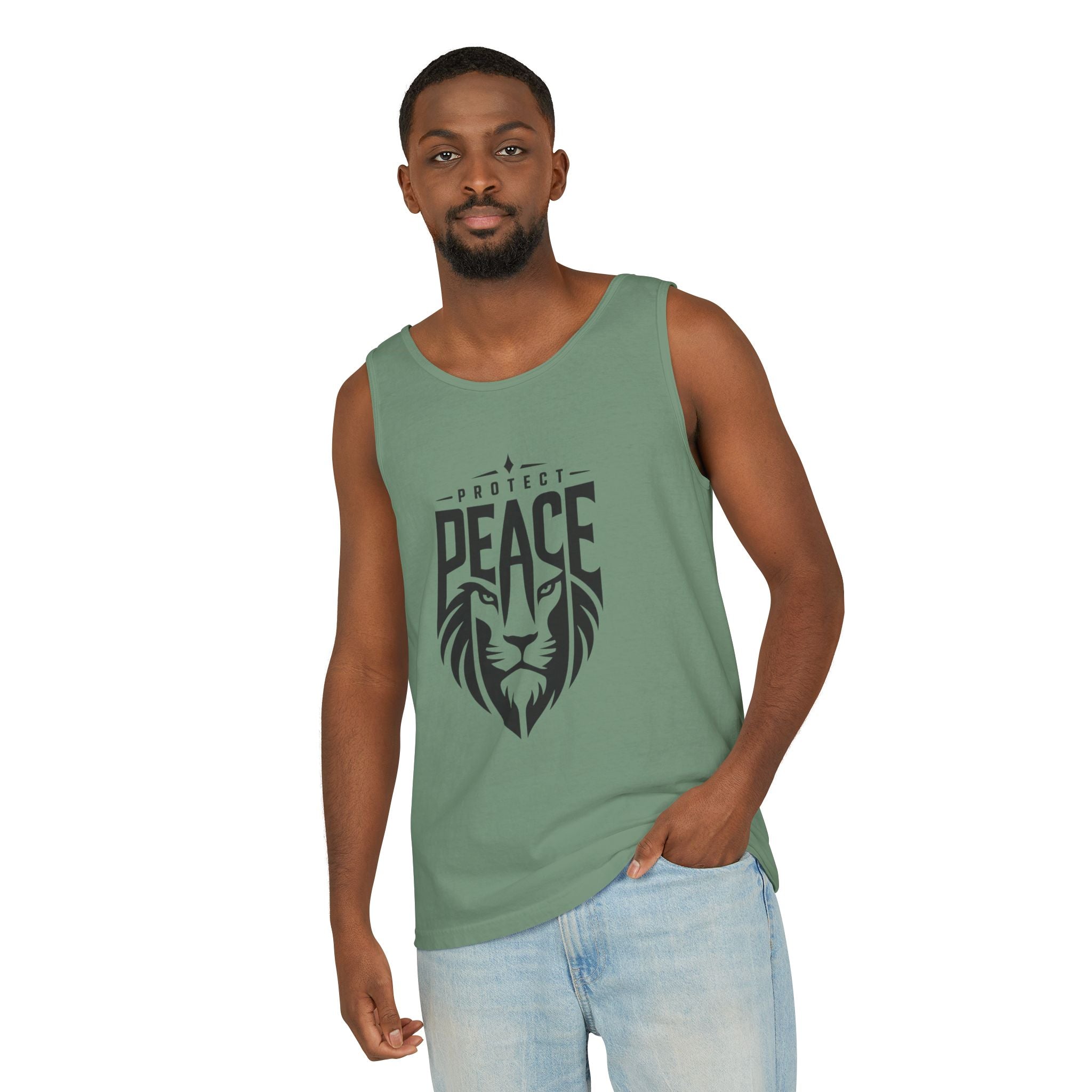 Protect Peace Lion Tank Top — Graphic Lion Shield Spiritual Tee