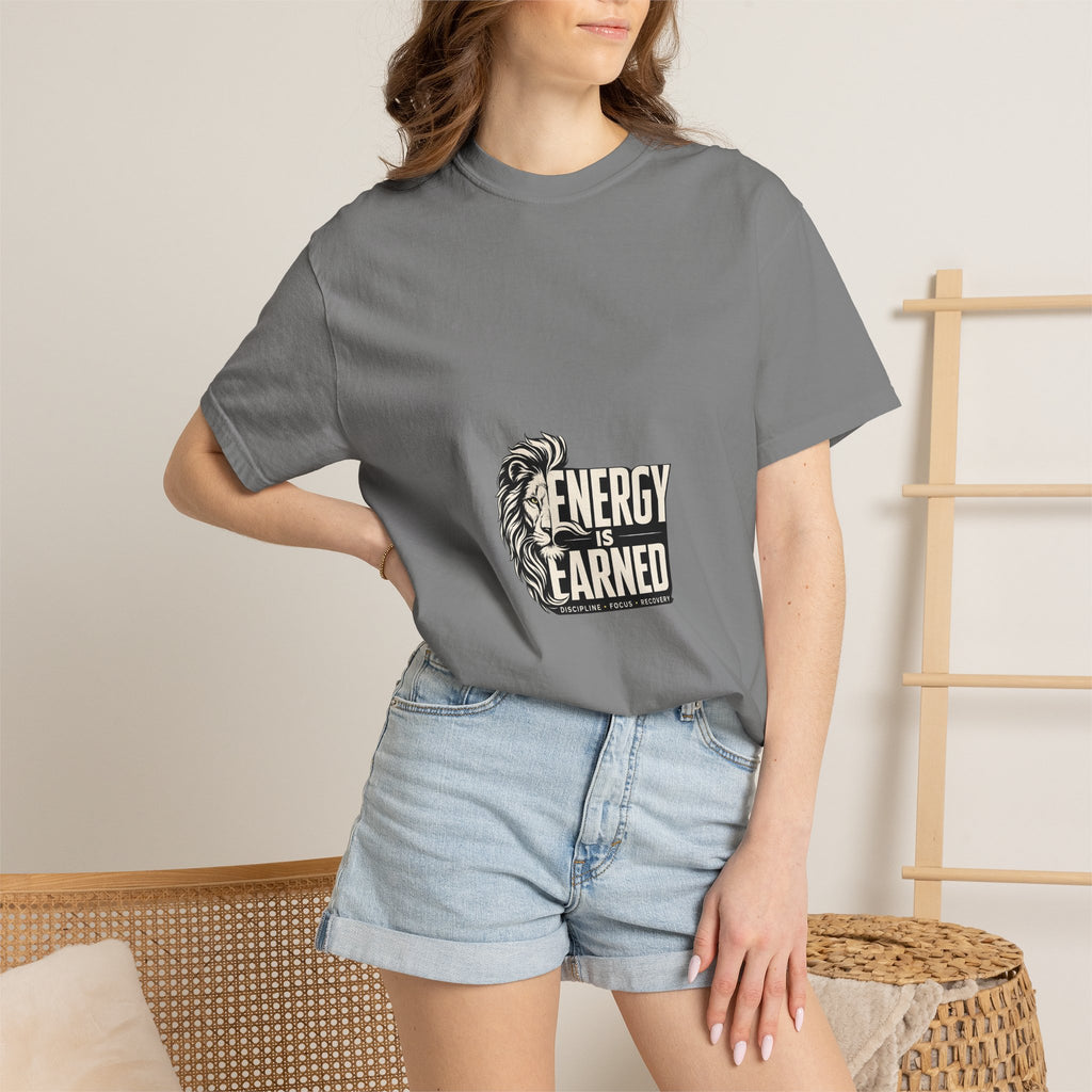 Energy Is Earned T-Shirt — Lion Graphic Motivational Tee