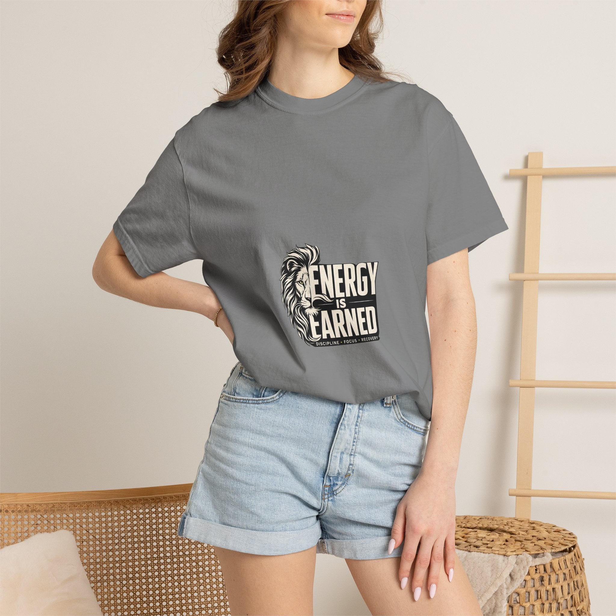 Energy Is Earned T-Shirt — Lion Graphic Motivational Tee