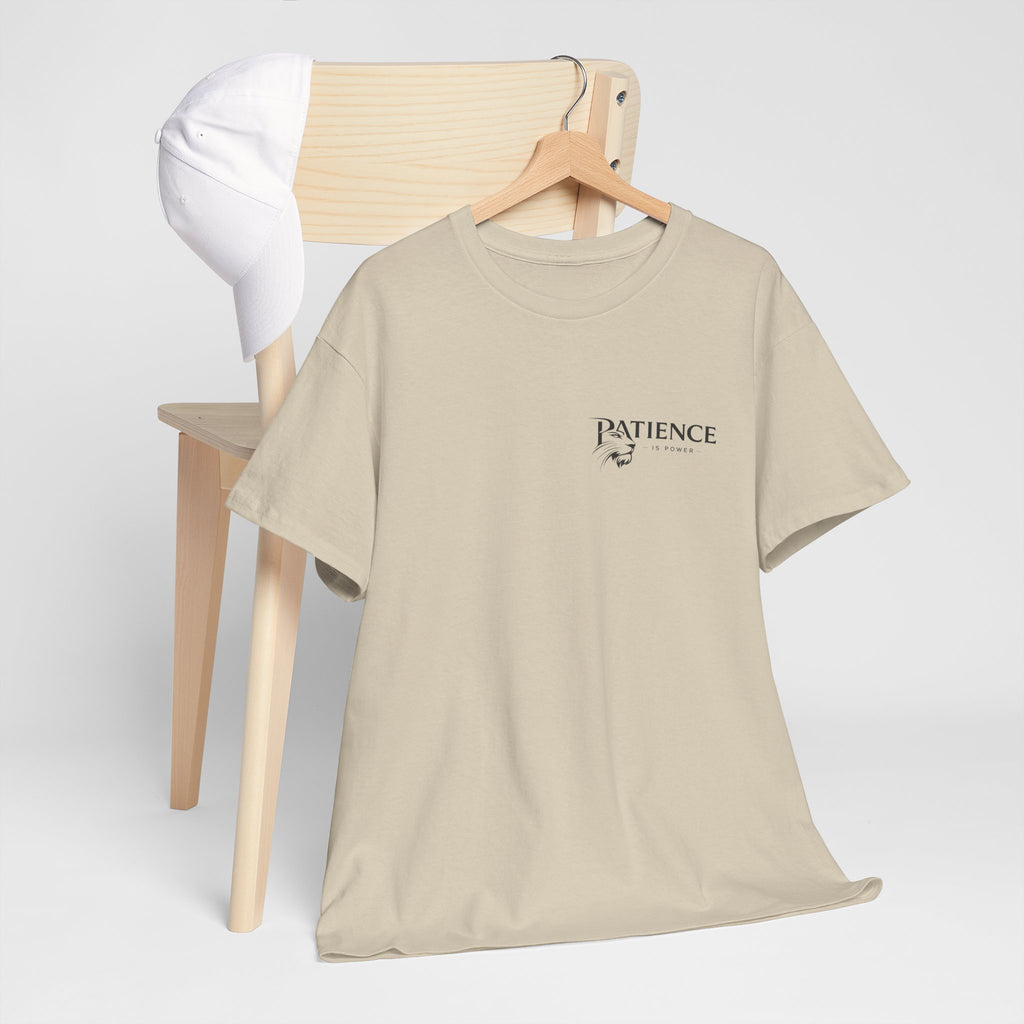 Patience Minimalist Tee — Small Script Floral Chest Print
