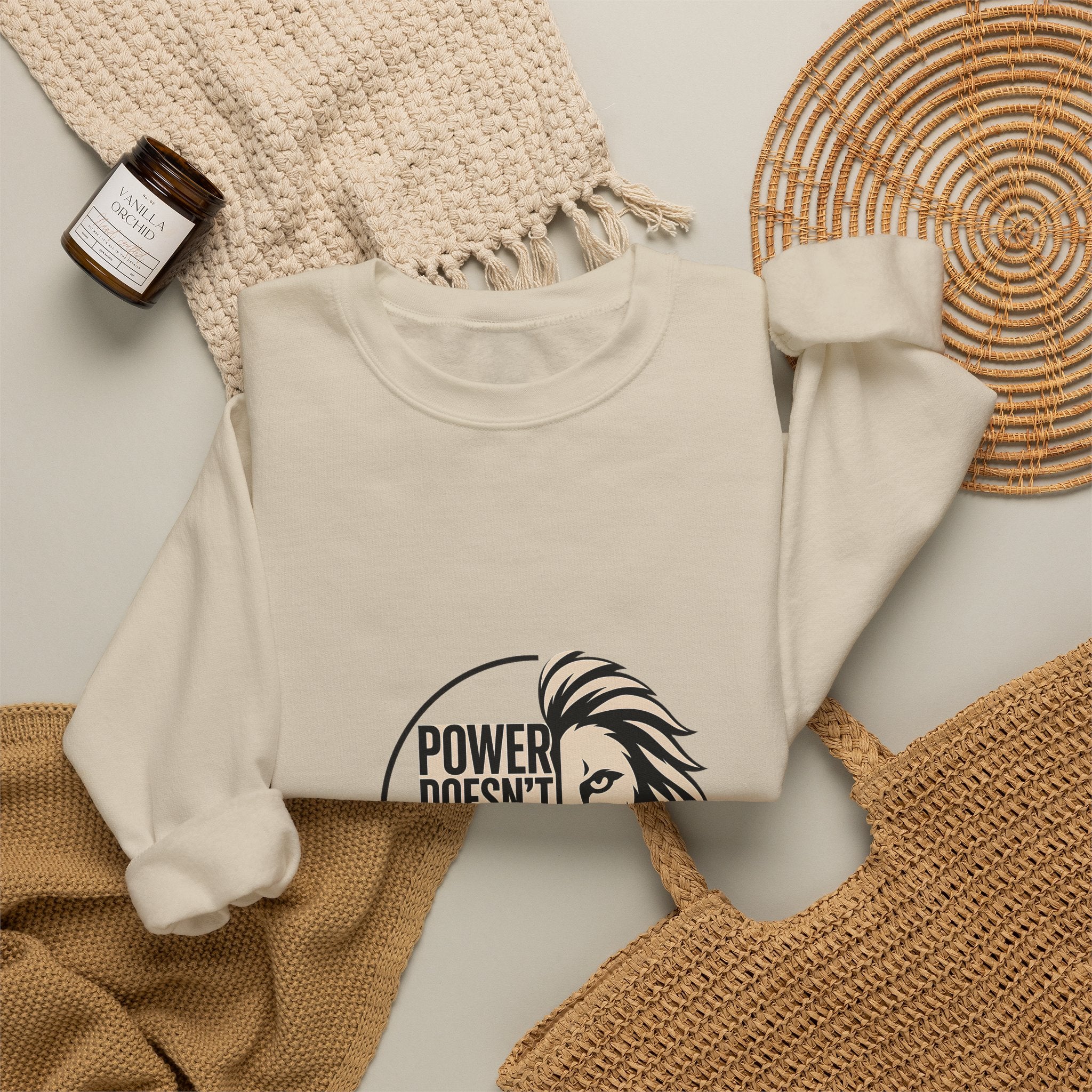 Crewneck Sweatshirt — "Power Doesn't Prove Itself" Lion Graphic Motivational Pullover